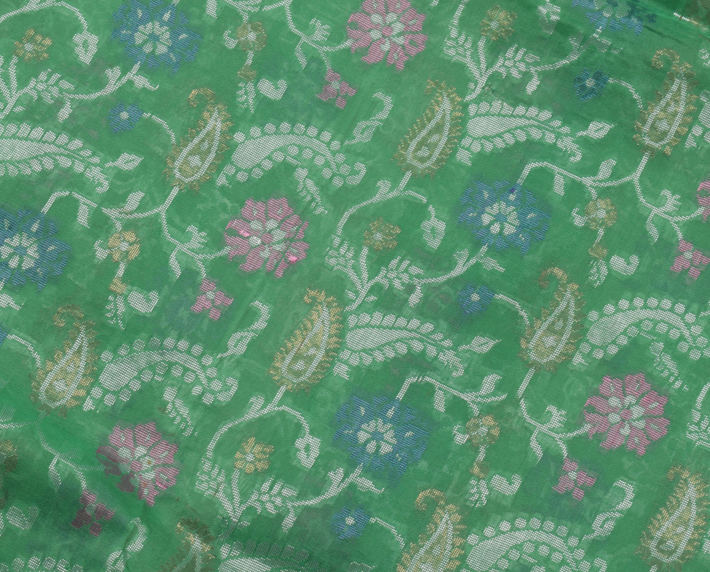 Sushila Vintage Aqua Green Saree 100% Pure Silk Woven Floral Sari Craft Fabric