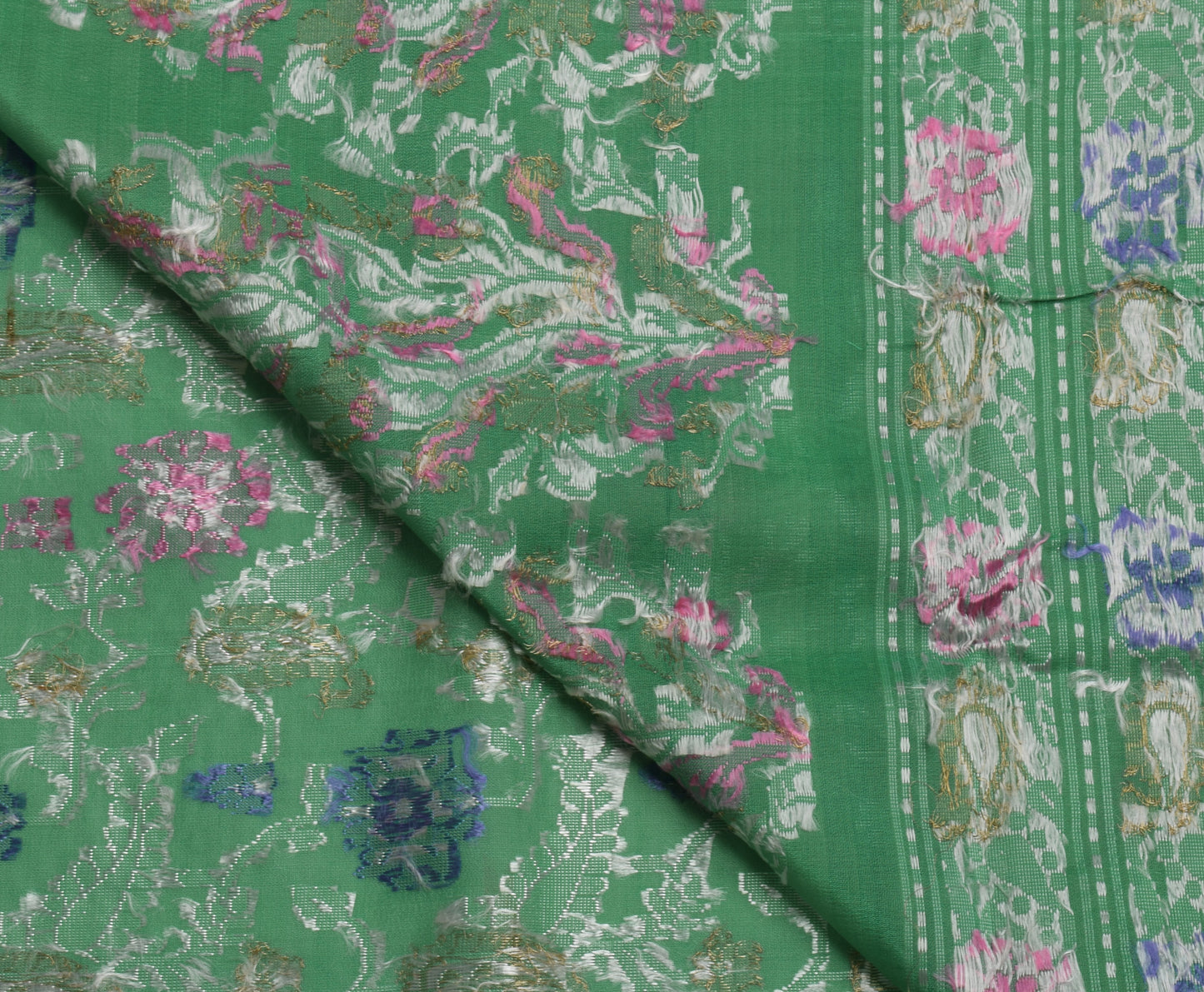 Sushila Vintage Aqua Green Saree 100% Pure Silk Woven Floral Sari Craft Fabric