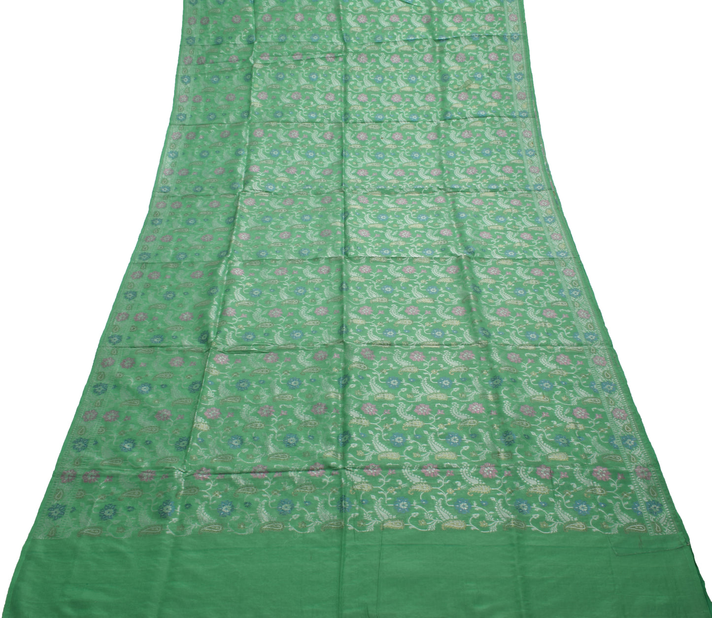 Sushila Vintage Aqua Green Saree 100% Pure Silk Woven Floral Sari Craft Fabric