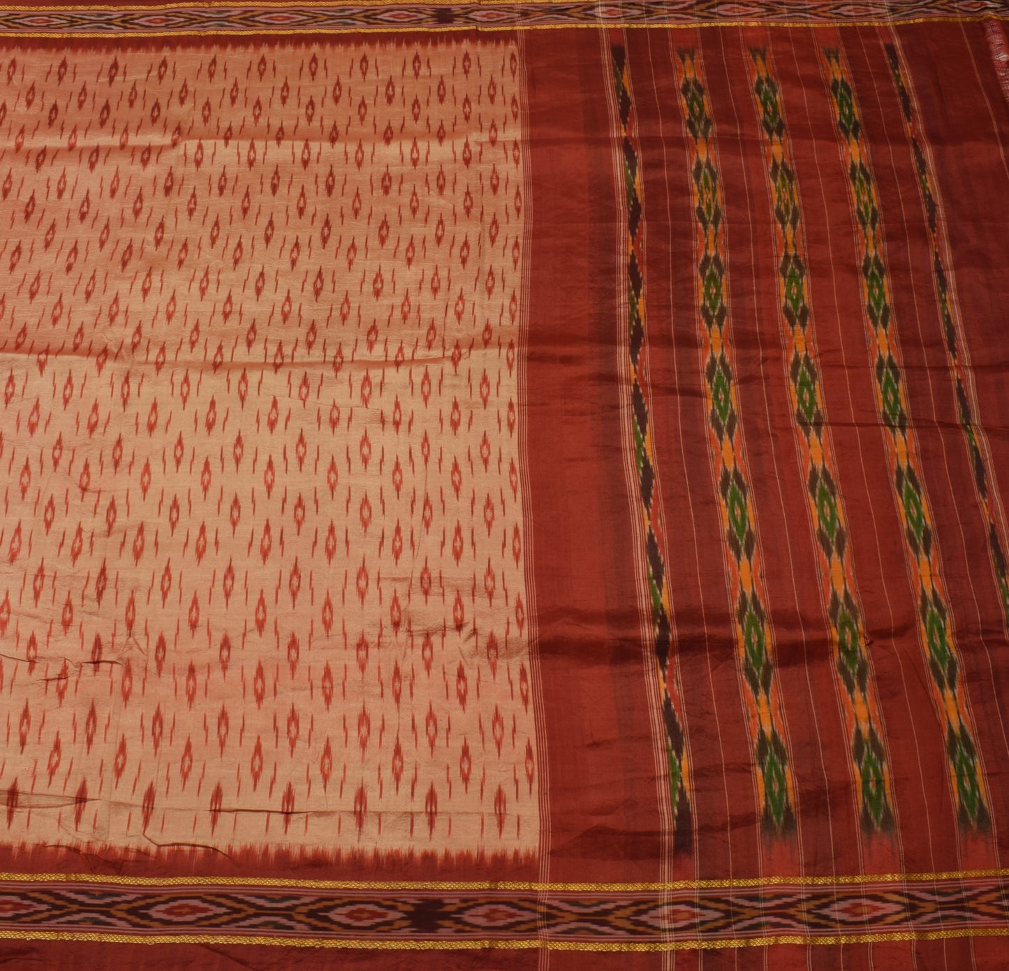 Sushila Vintage Indian Saree Pure Silk Hand Woven Ikat Patola Sari Craft Fabric