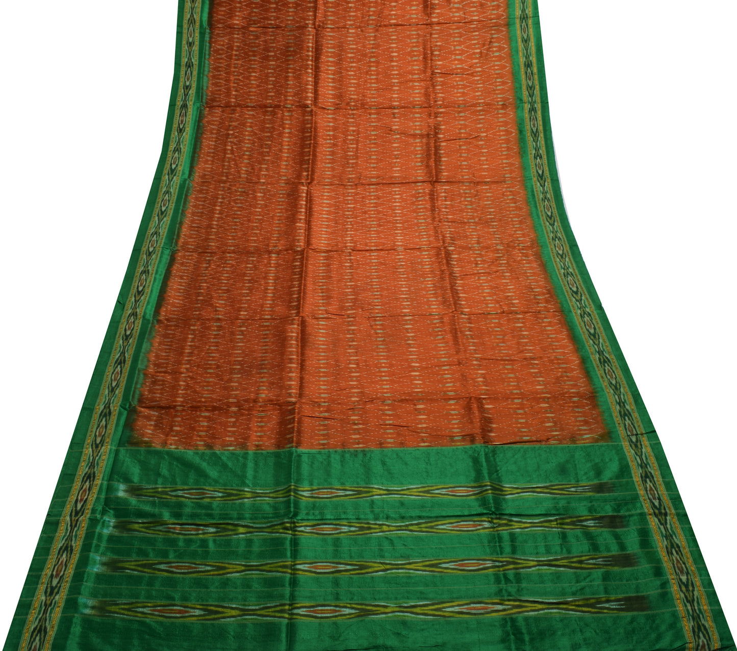 Sushila Vintage Rust Saree Pure Silk Hand Woven Ikat Patola Sari Craft Fabric