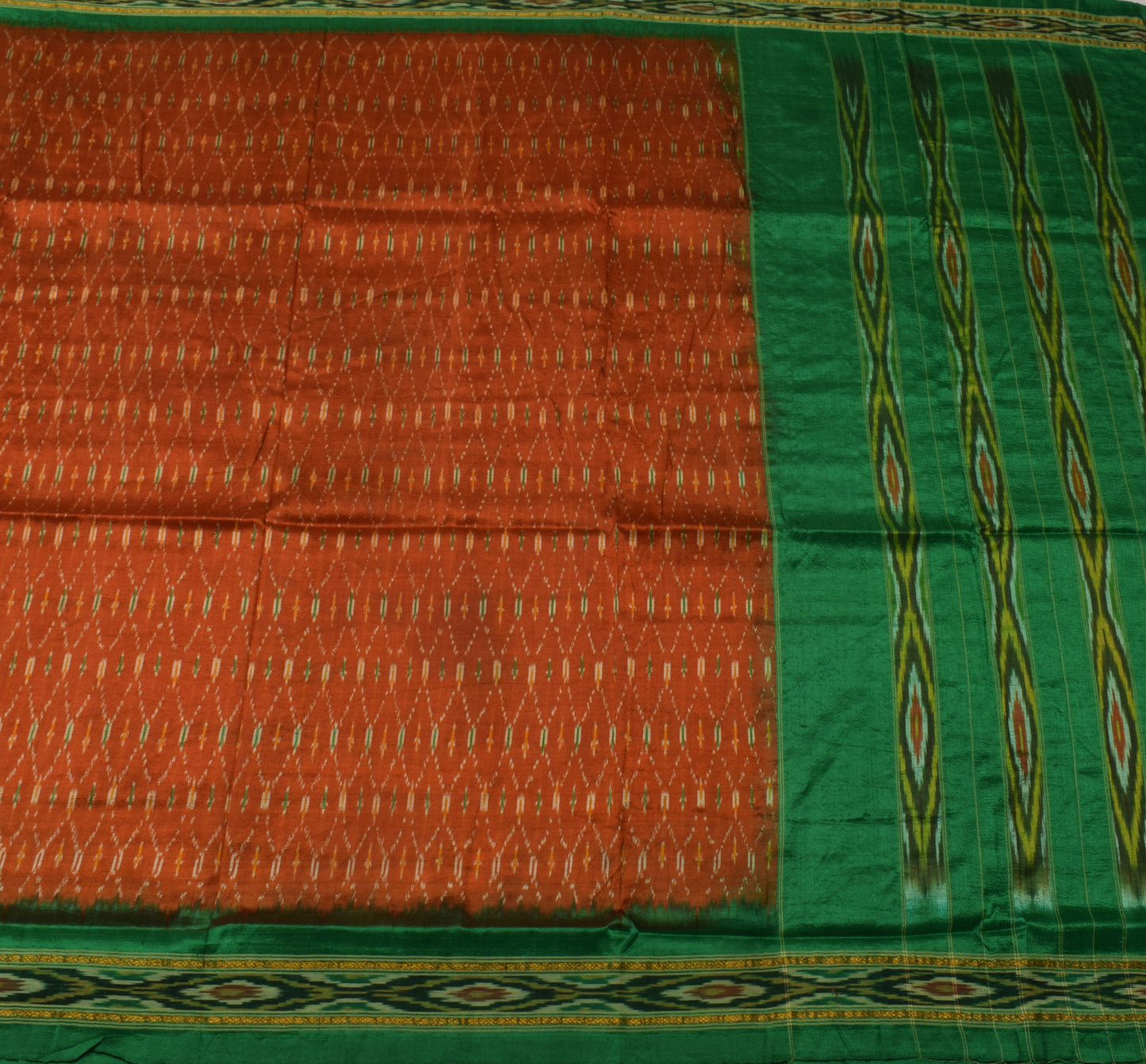 Sushila Vintage Rust Saree Pure Silk Hand Woven Ikat Patola Sari Craft Fabric