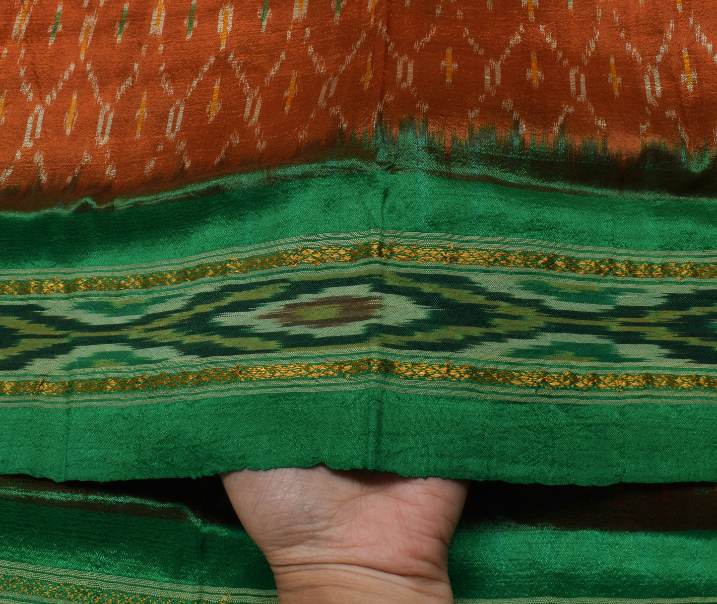 Sushila Vintage Rust Saree Pure Silk Hand Woven Ikat Patola Sari Craft Fabric