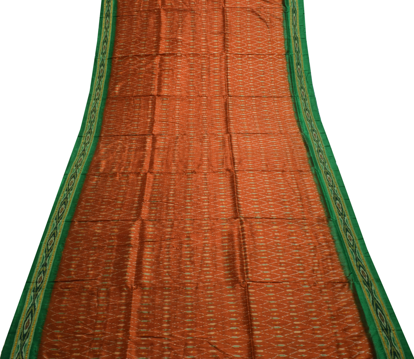 Sushila Vintage Rust Saree Pure Silk Hand Woven Ikat Patola Sari Craft Fabric