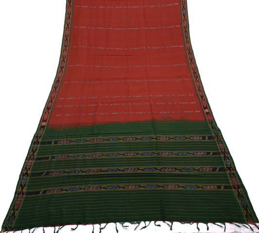 Sushila Vintage Red Saree Pure Cotton Hand Woven Ikat Patola Sari Craft Fabric