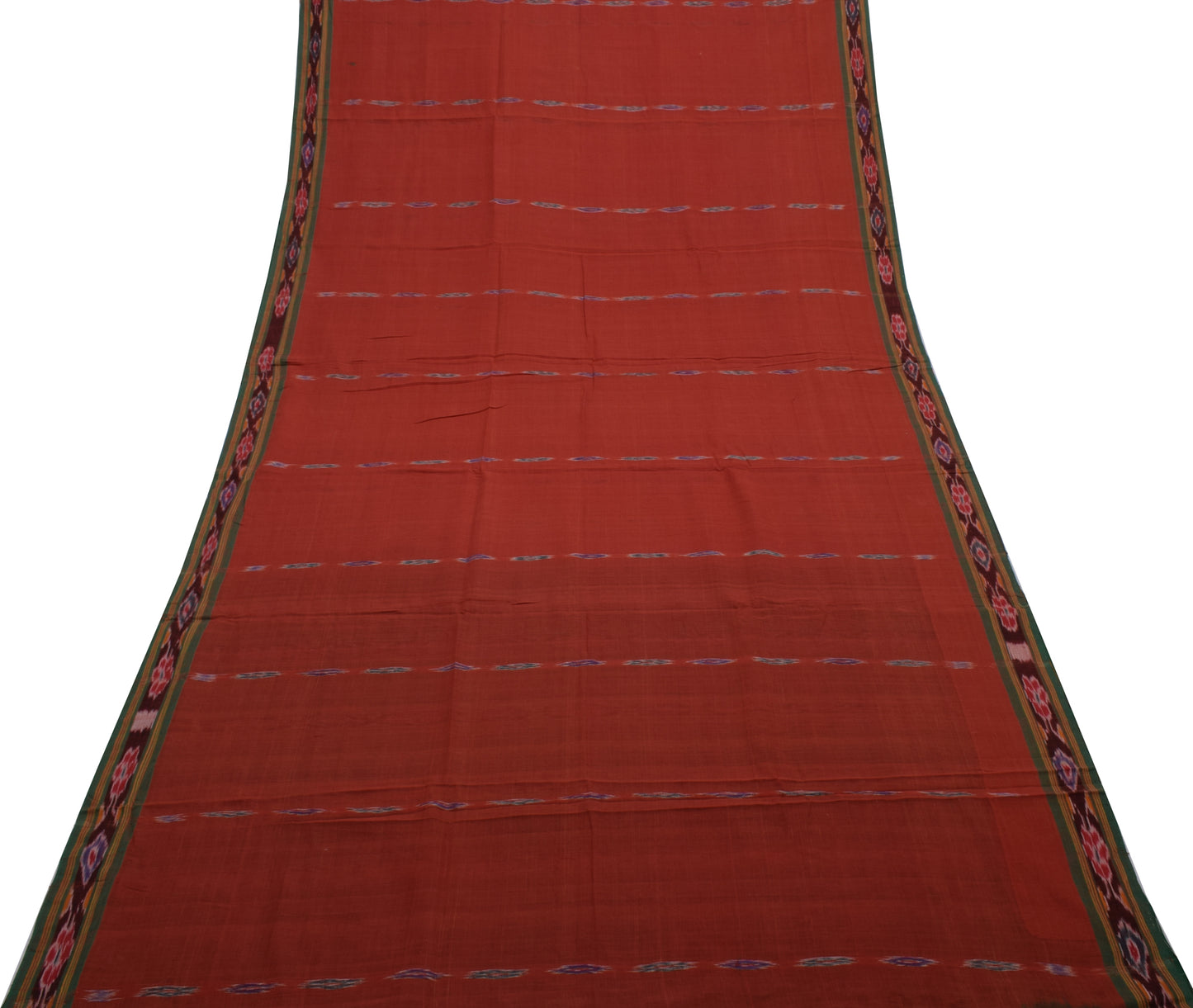 Sushila Vintage Red Saree Pure Cotton Hand Woven Ikat Patola Sari Craft Fabric