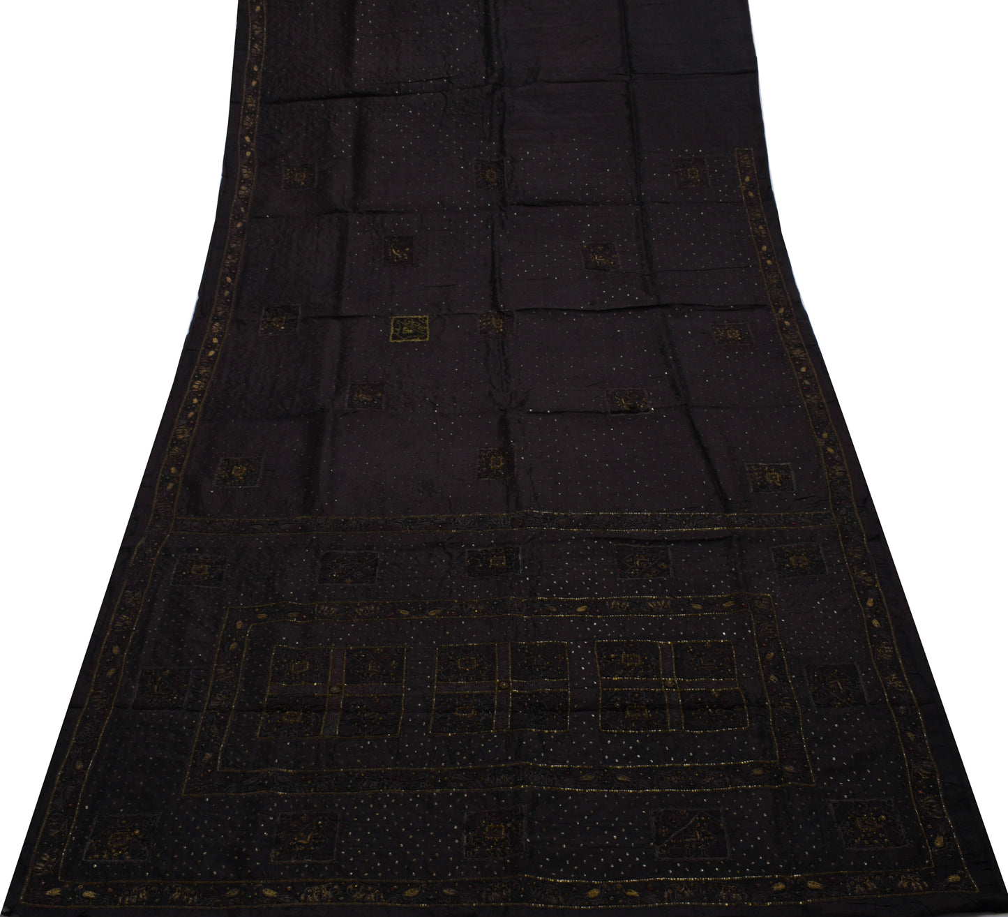 Sushila Vintage Black Saree 100% Pure Silk Hand Beaded 5 Yard Sari Craft Fabric