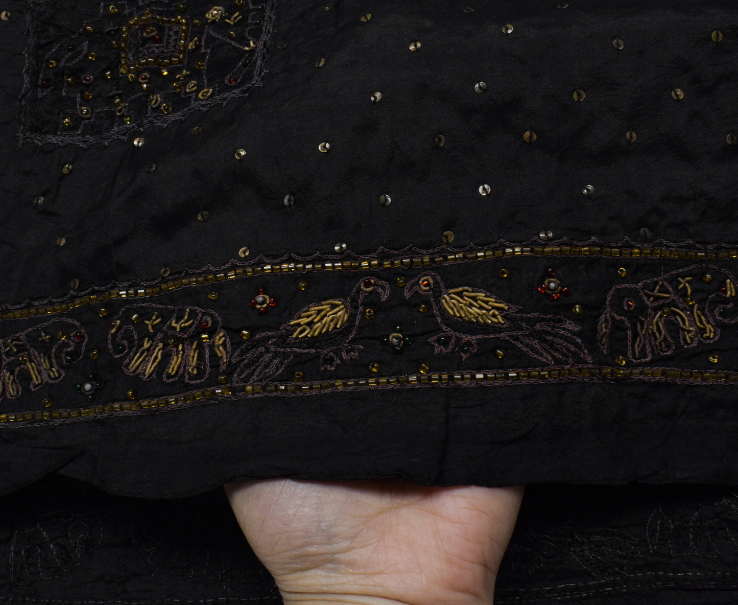 Sushila Vintage Black Saree 100% Pure Silk Hand Beaded 5 Yard Sari Craft Fabric