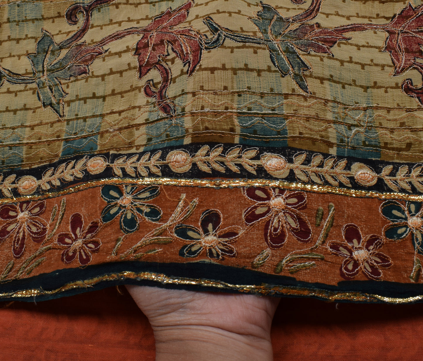 Sushila Vintage Indian Brown Saree Pure Crepe Silk Printed Floral Sari Fabric