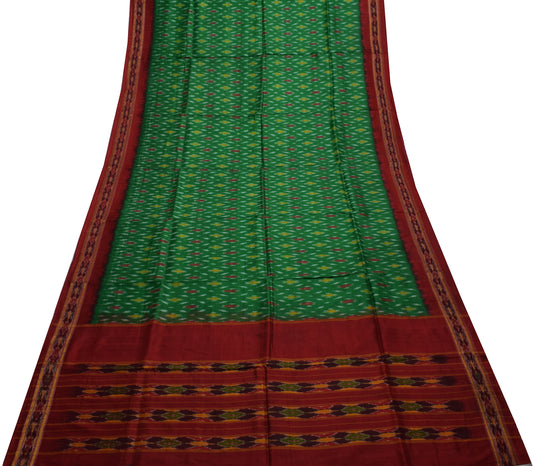 Sushila Vintage Green Saree Pure Silk Hand Woven Ikat Patola Sari Craft Fabric