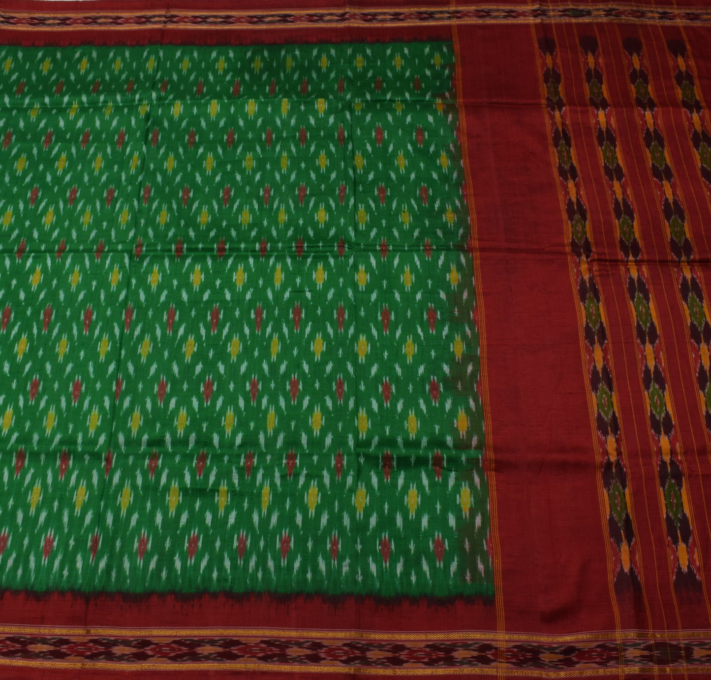 Sushila Vintage Green Saree Pure Silk Hand Woven Ikat Patola Sari Craft Fabric