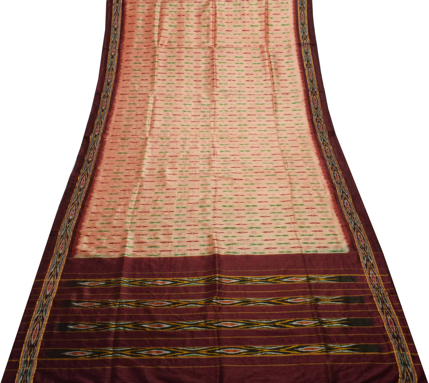 Sushila Vintage Peach Saree Pure Silk Hand Woven Ikat Patola Sari Craft Fabric