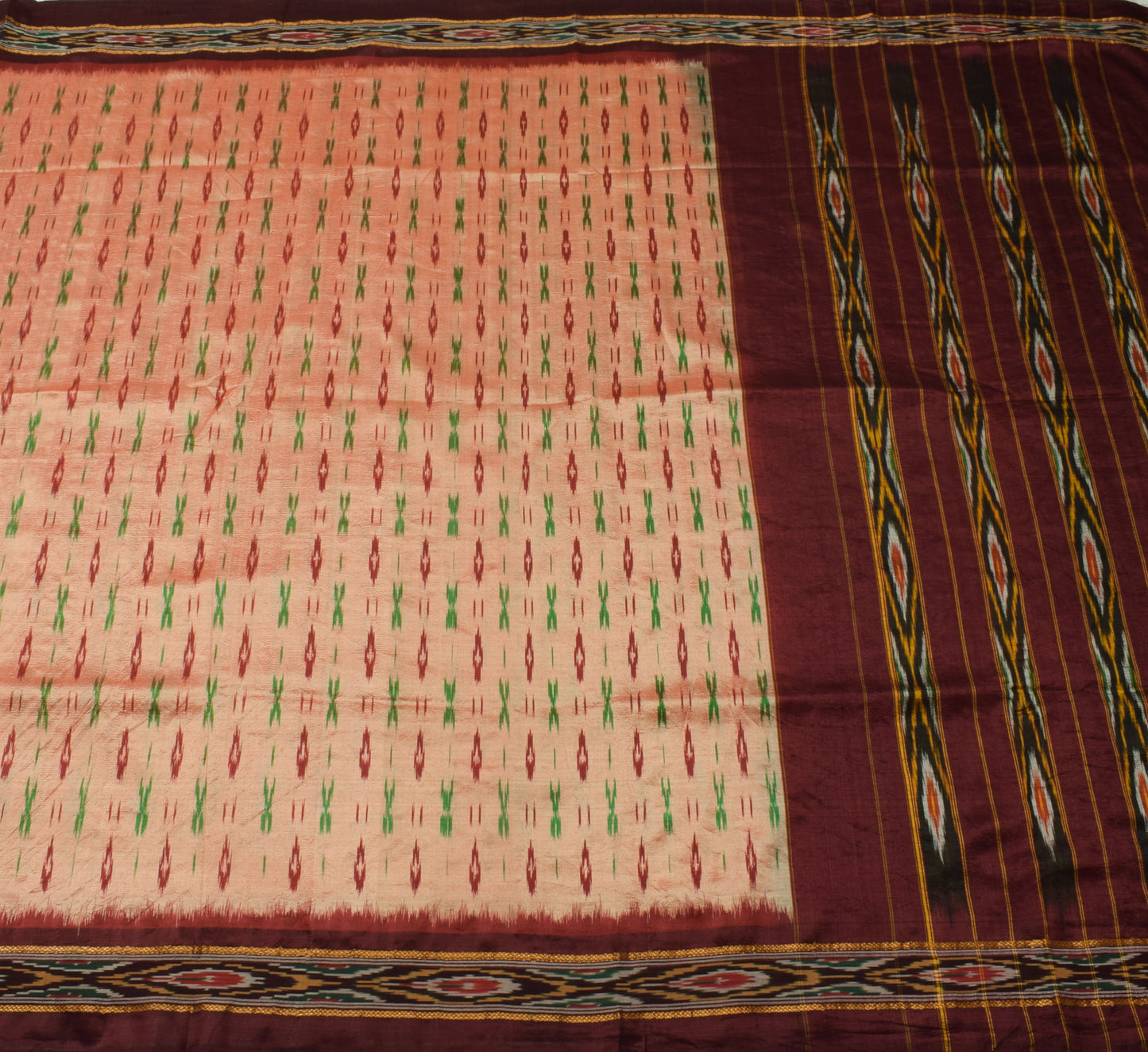 Sushila Vintage Peach Saree Pure Silk Hand Woven Ikat Patola Sari Craft Fabric