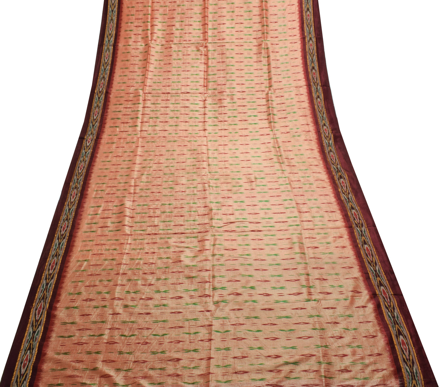 Sushila Vintage Peach Saree Pure Silk Hand Woven Ikat Patola Sari Craft Fabric