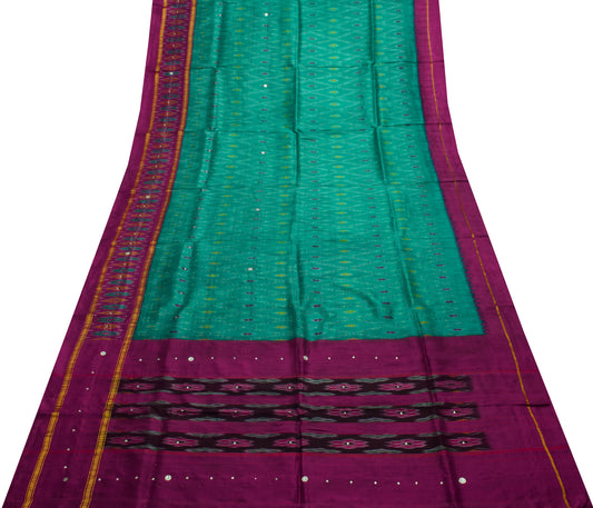 Sushila Vintage Green Saree Pure Silk Hand Woven Ikat Patola Sari Craft Fabric