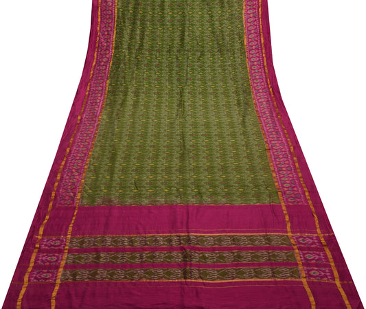 Sushila Vintage Green Saree Pure Silk Hand Woven Ikat Patola Sari Craft Fabric