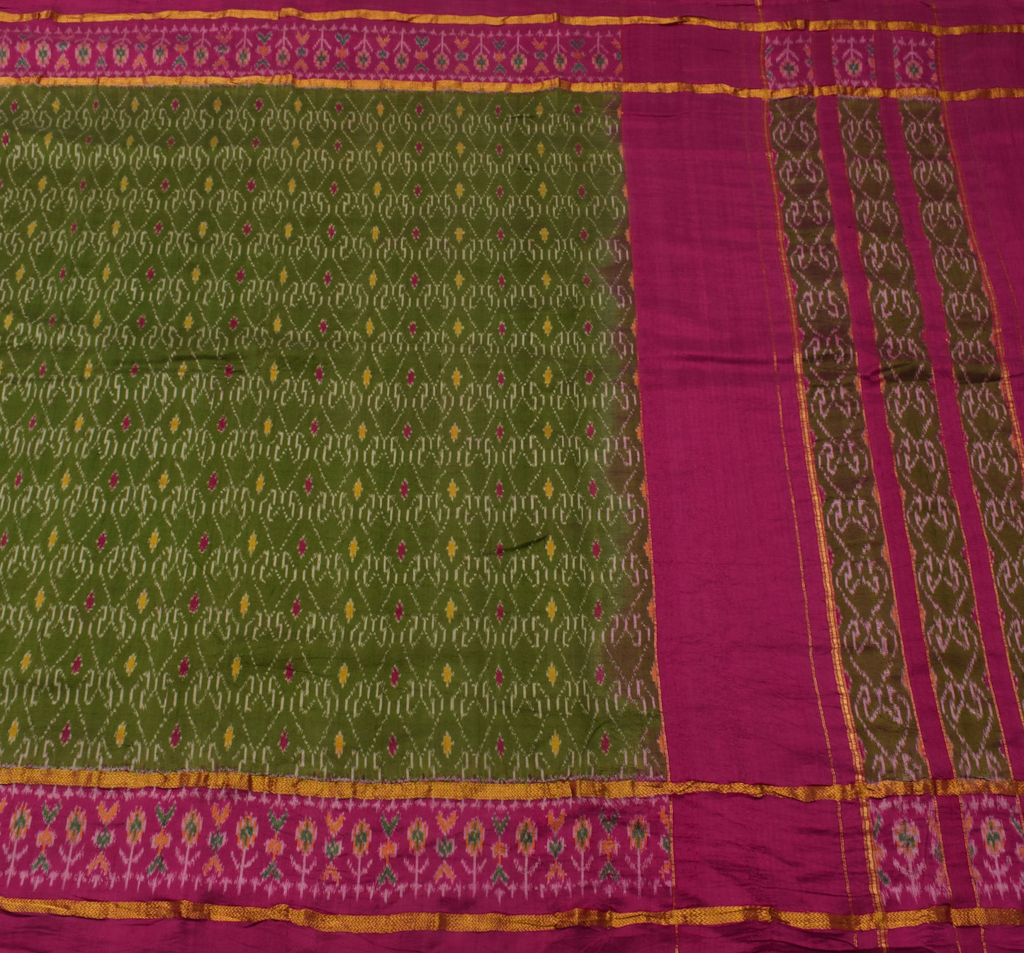 Sushila Vintage Green Saree Pure Silk Hand Woven Ikat Patola Sari Craft Fabric