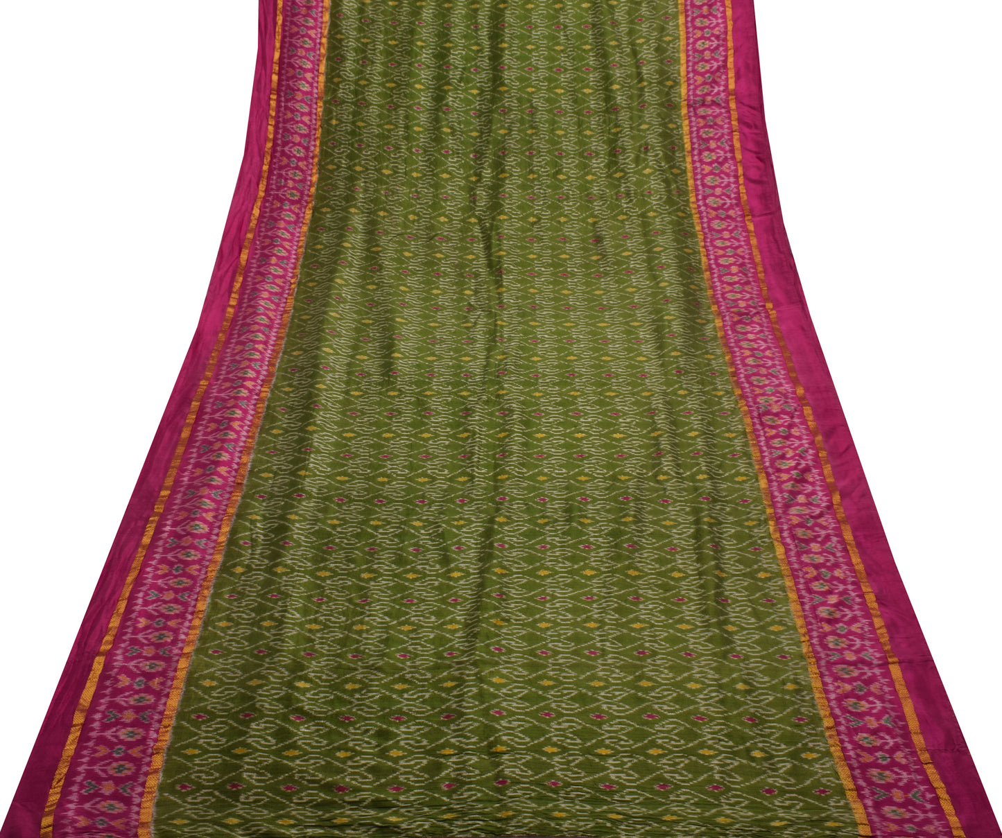 Sushila Vintage Green Saree Pure Silk Hand Woven Ikat Patola Sari Craft Fabric