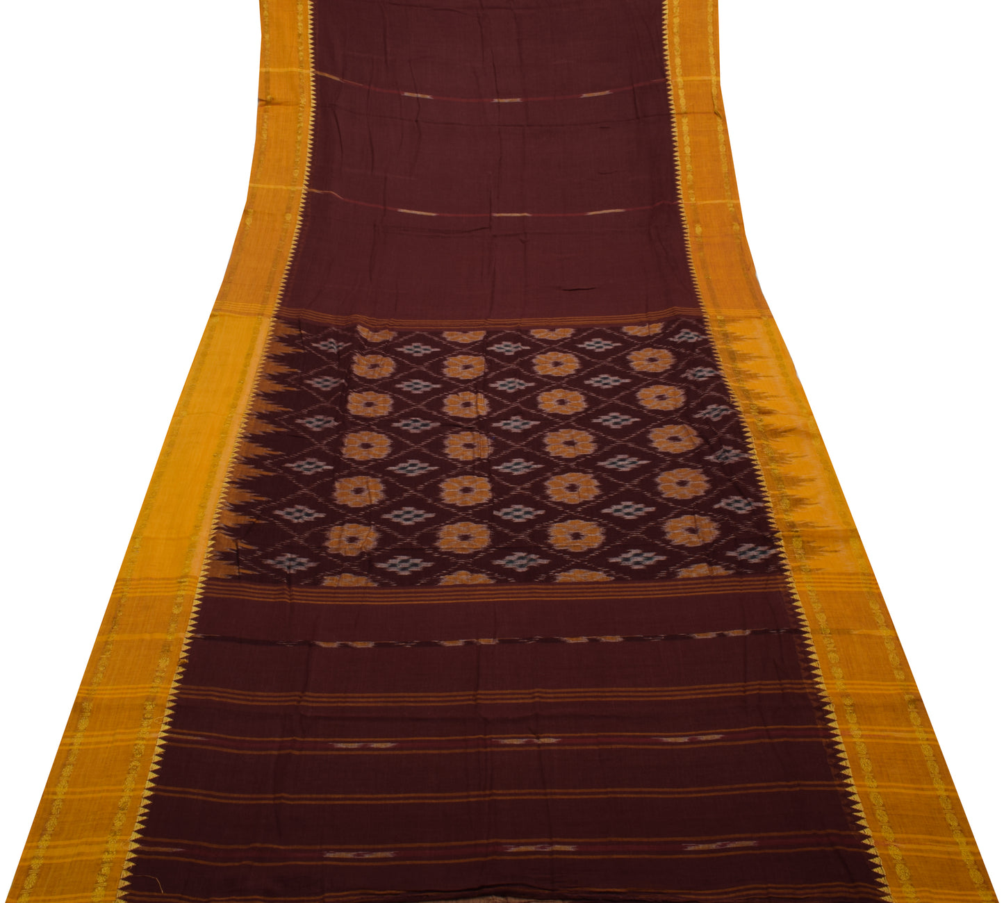 Sushila Vintage Maroon Sari Pure Cotton Hand Woven Ikat Patola Sari Craft Fabric