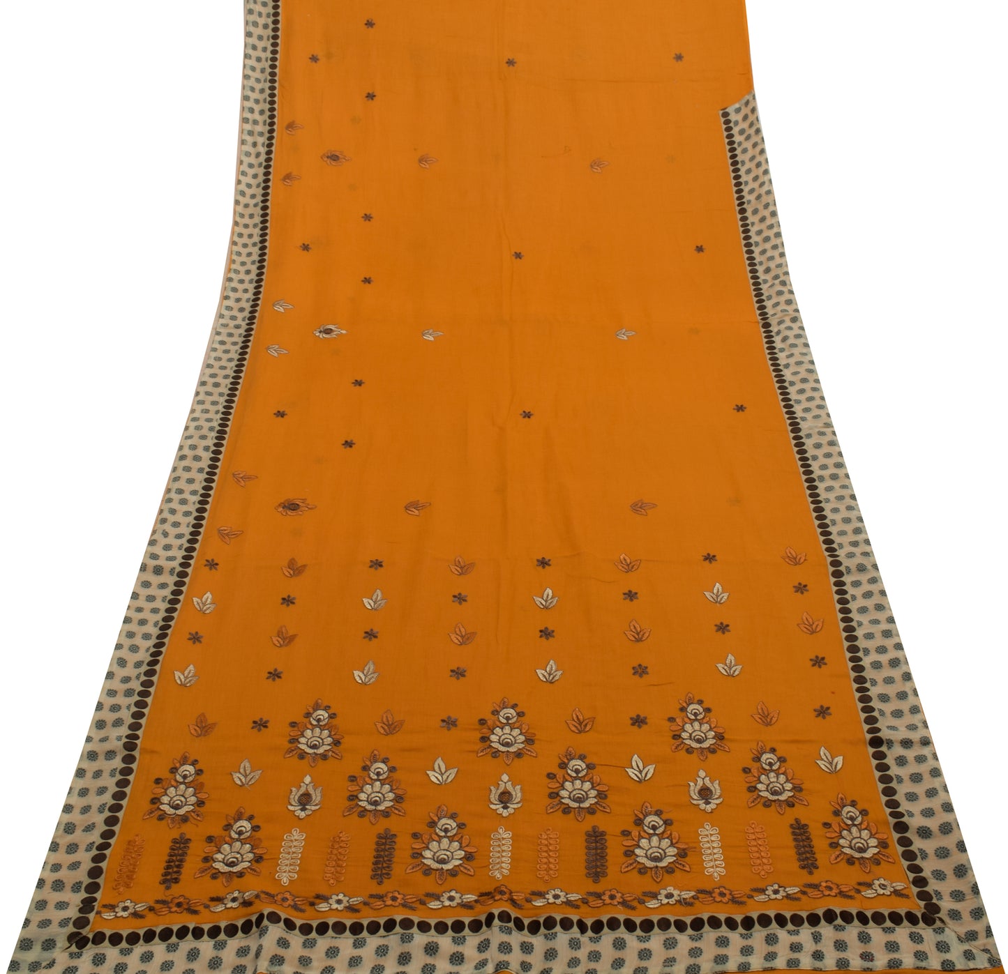 Sushila Vintage Mustard Saree Pure Cotton Embroidered Floral Sari Craft Fabric