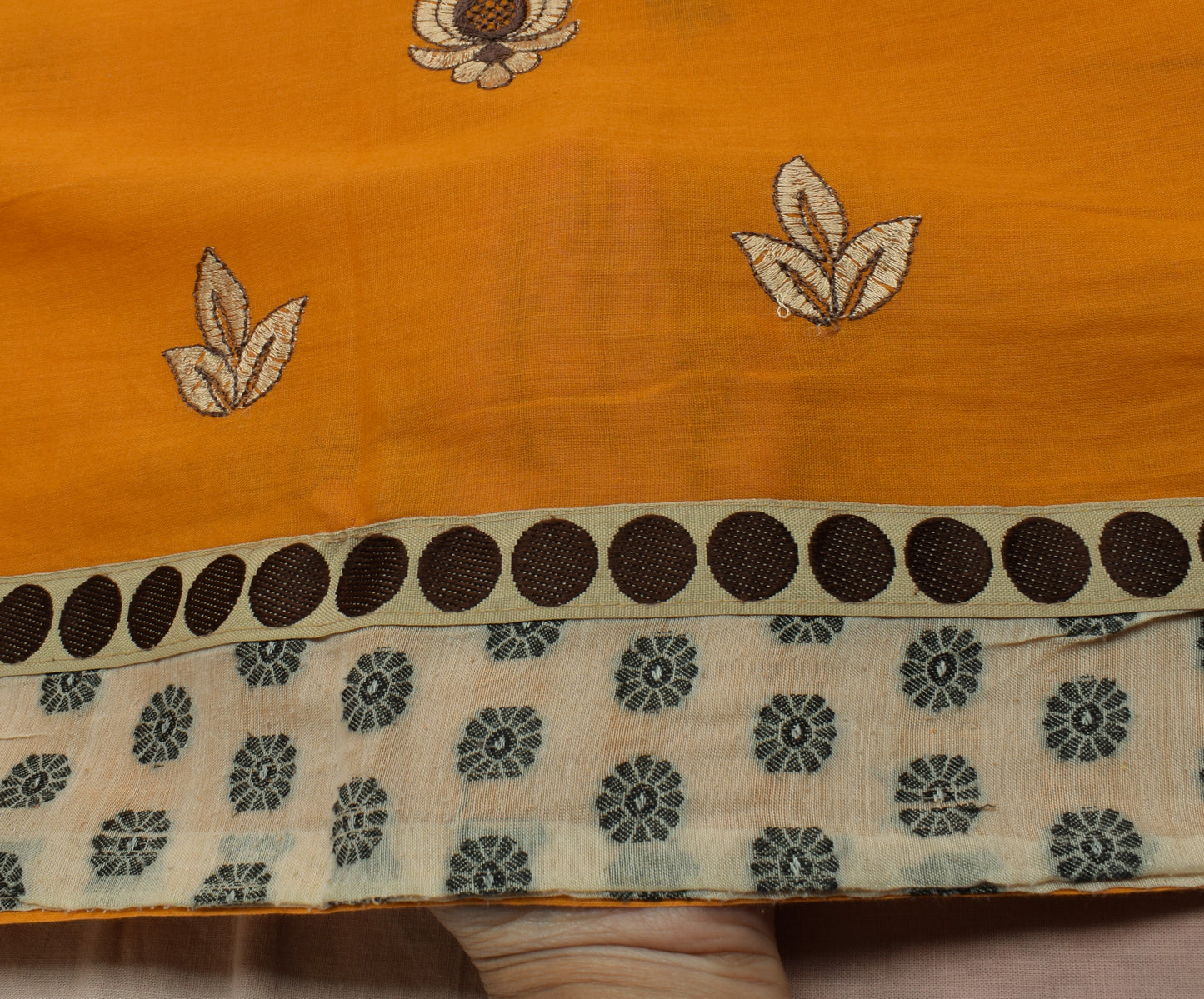 Sushila Vintage Mustard Saree Pure Cotton Embroidered Floral Sari Craft Fabric