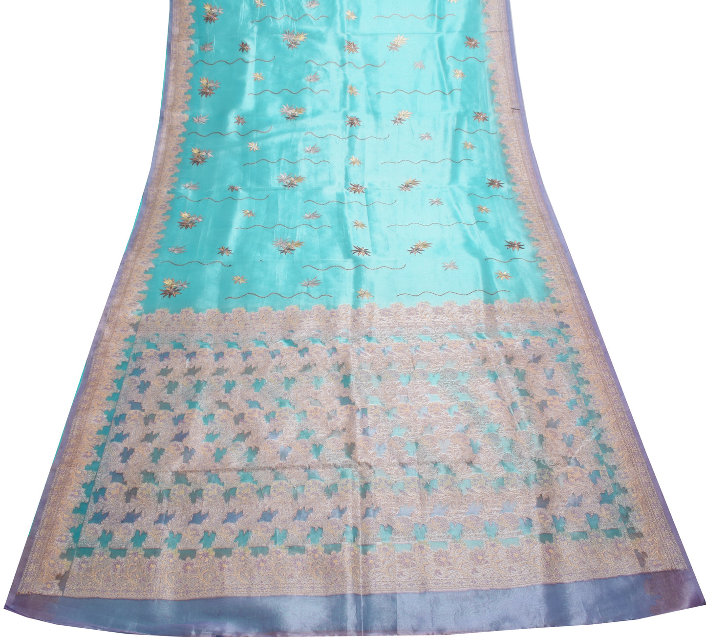 Sushila Vintage Aqua Blue Saree Blend Tissue Silk Embroidered Floral Sari Fabric