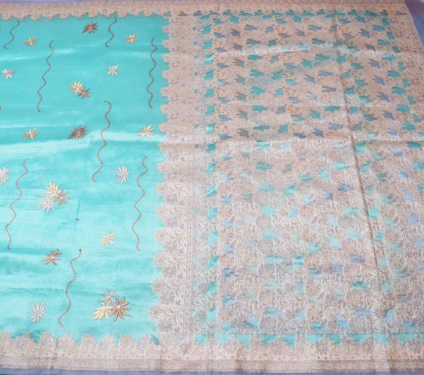 Sushila Vintage Aqua Blue Saree Blend Tissue Silk Embroidered Floral Sari Fabric