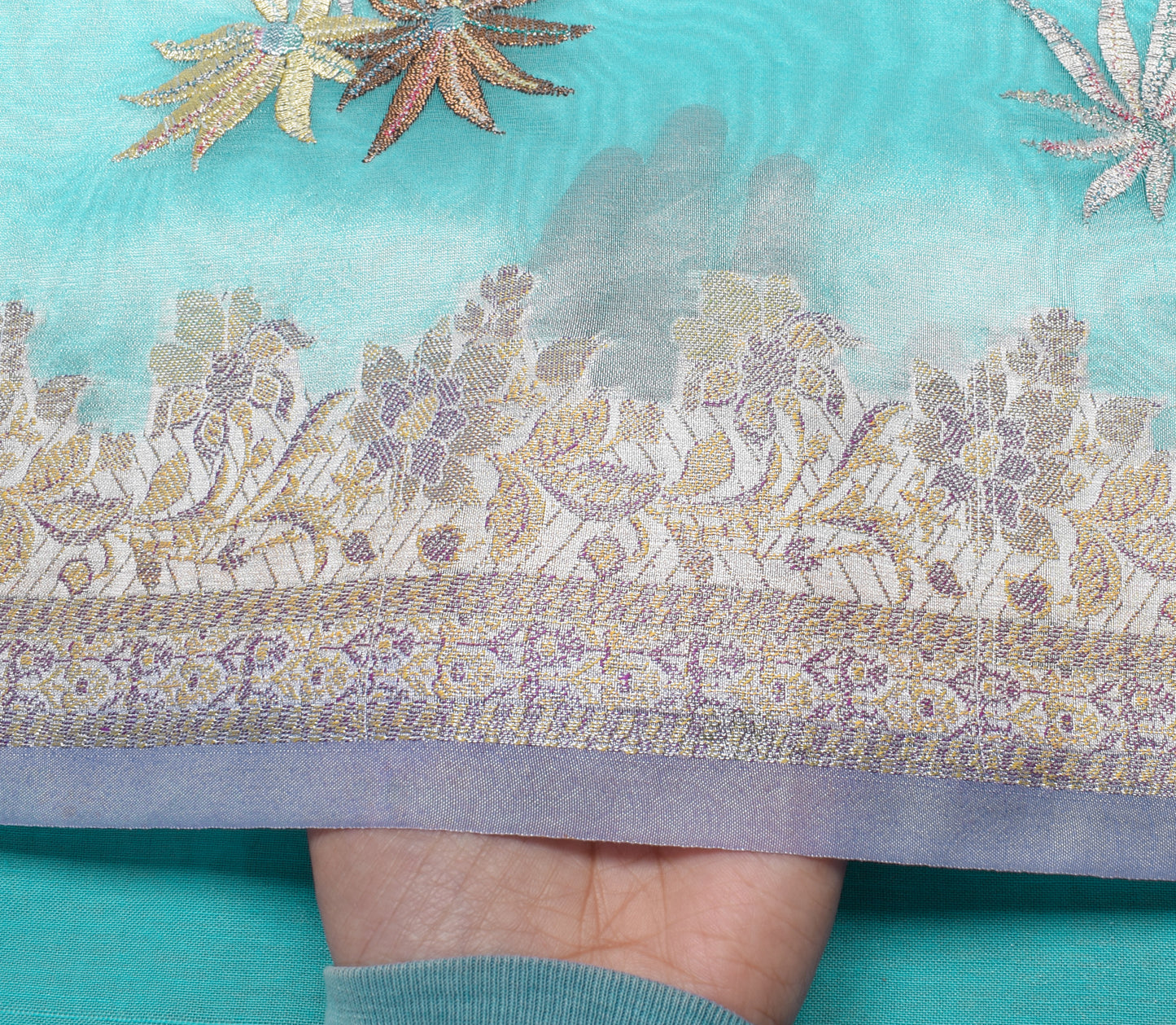 Sushila Vintage Aqua Blue Saree Blend Tissue Silk Embroidered Floral Sari Fabric