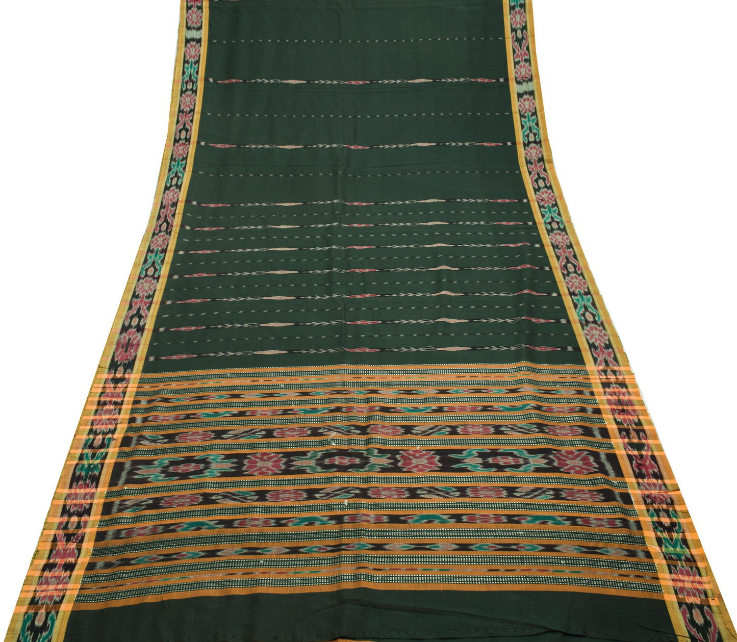 Sushila Vintage Green Saree Pure Cotton Hand Woven Ikat Patola Sari Craft Fabric