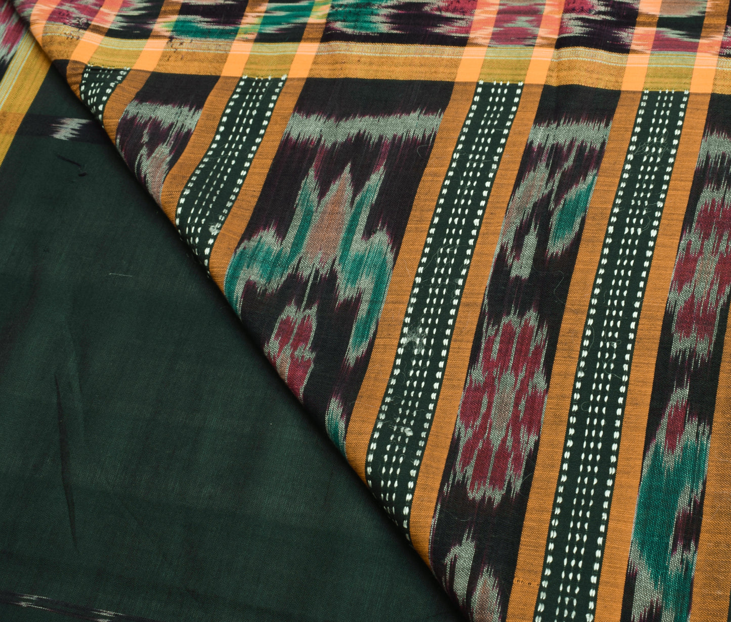 Sushila Vintage Green Saree Pure Cotton Hand Woven Ikat Patola Sari Craft Fabric