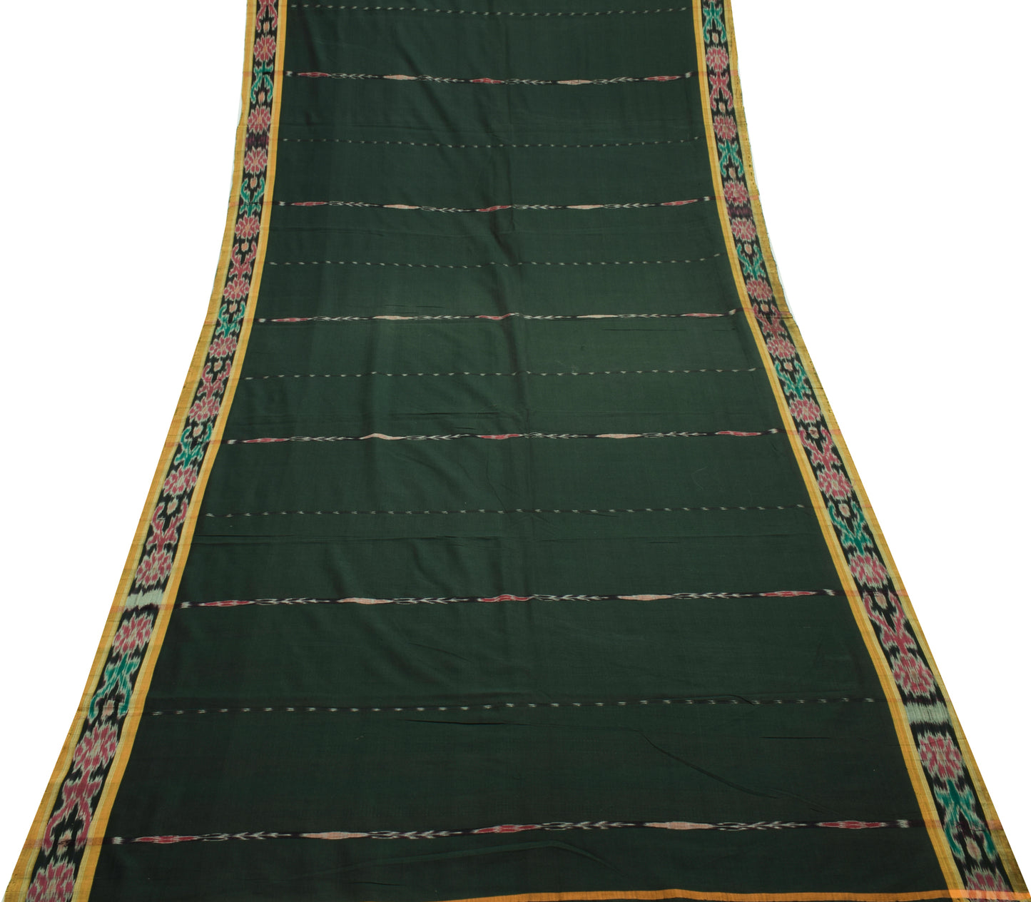 Sushila Vintage Green Saree Pure Cotton Hand Woven Ikat Patola Sari Craft Fabric