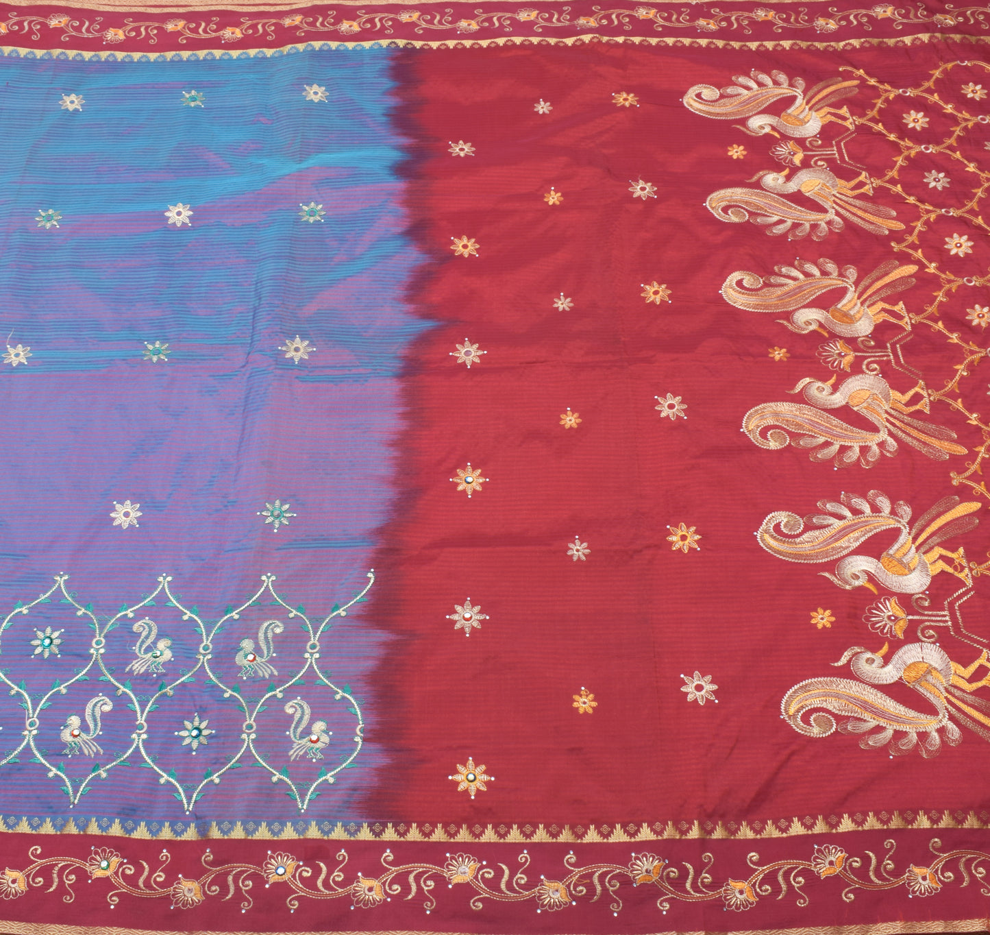 Sushila Vintage Turquoise Blue Saree Blend Silk Embroidered Peacock Sari Fabric