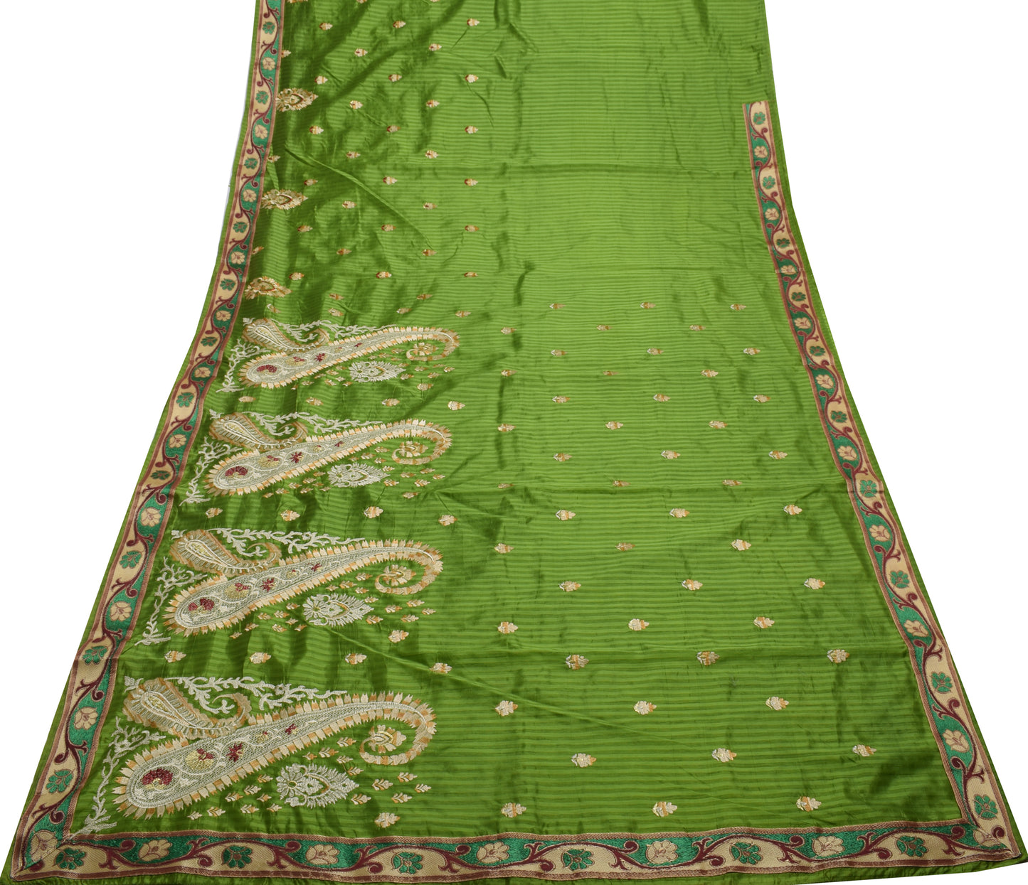 Sushila Vintage Green  Saree Blend Silk Embroidered Floral Sari Craft Fabric