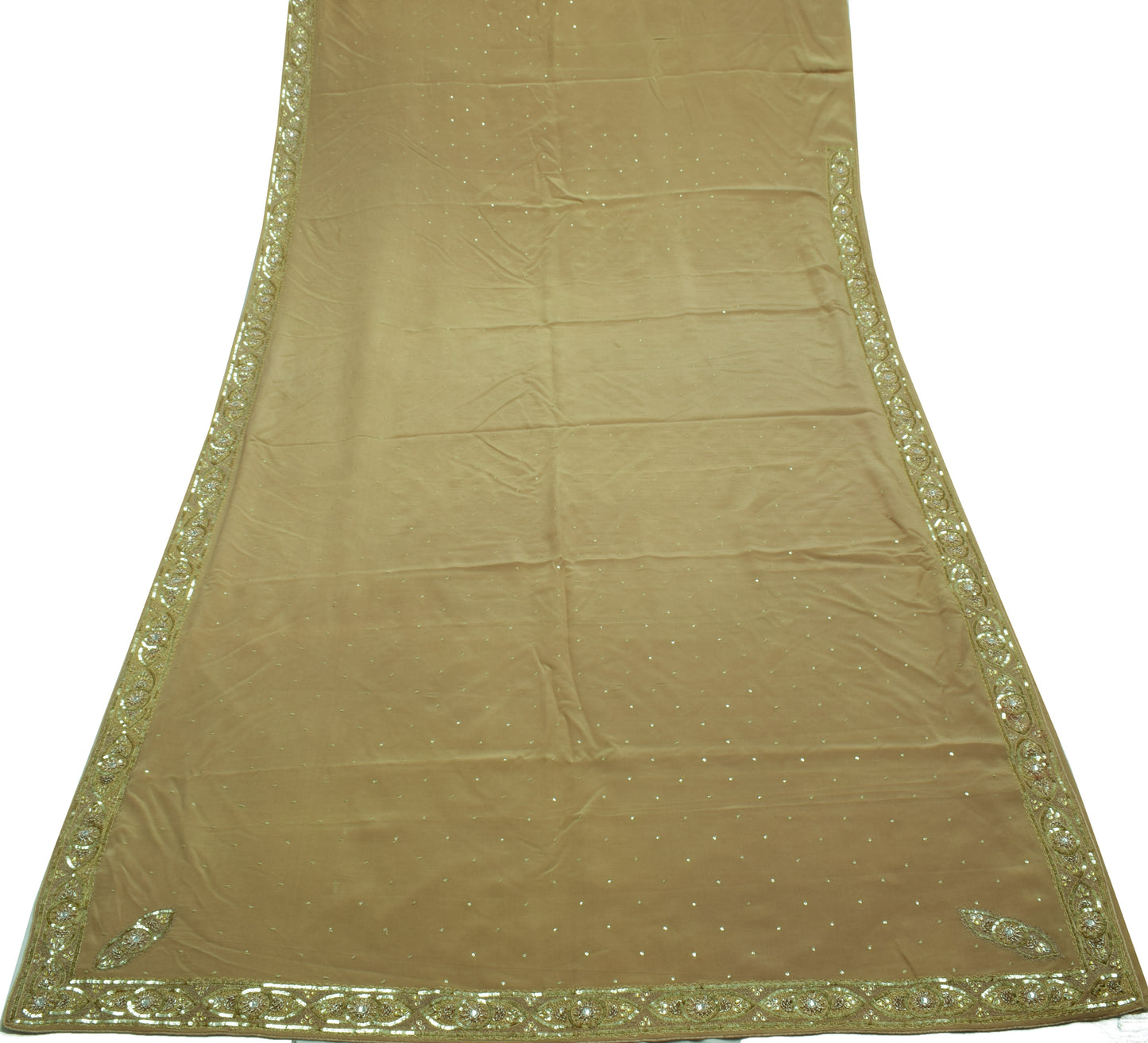 Sushila Vintage Light Brown Saree 100% Pure Silk Hand Beaded Sari Craft Fabric