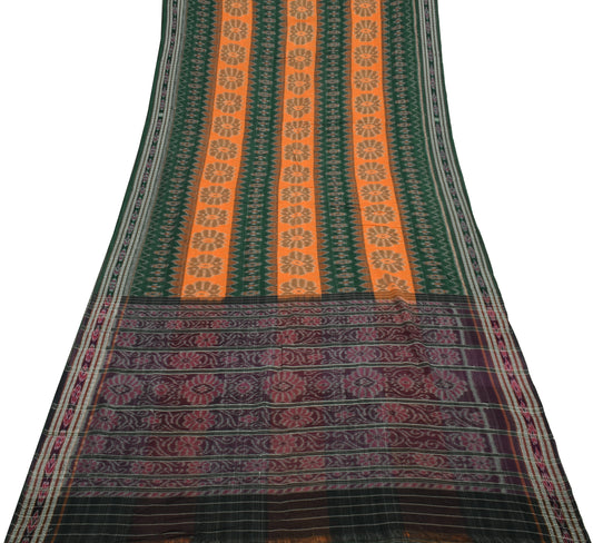 Sushila Vintage Green Saree Pure Cotton Hand Woven Ikat Patola Sari Craft Fabric