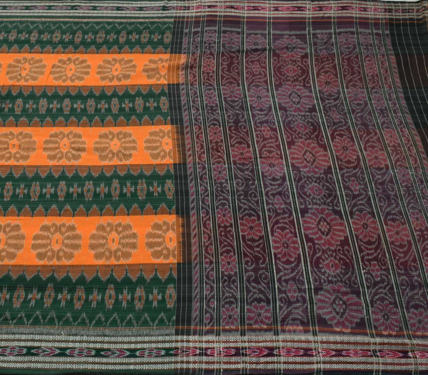 Sushila Vintage Green Saree Pure Cotton Hand Woven Ikat Patola Sari Craft Fabric