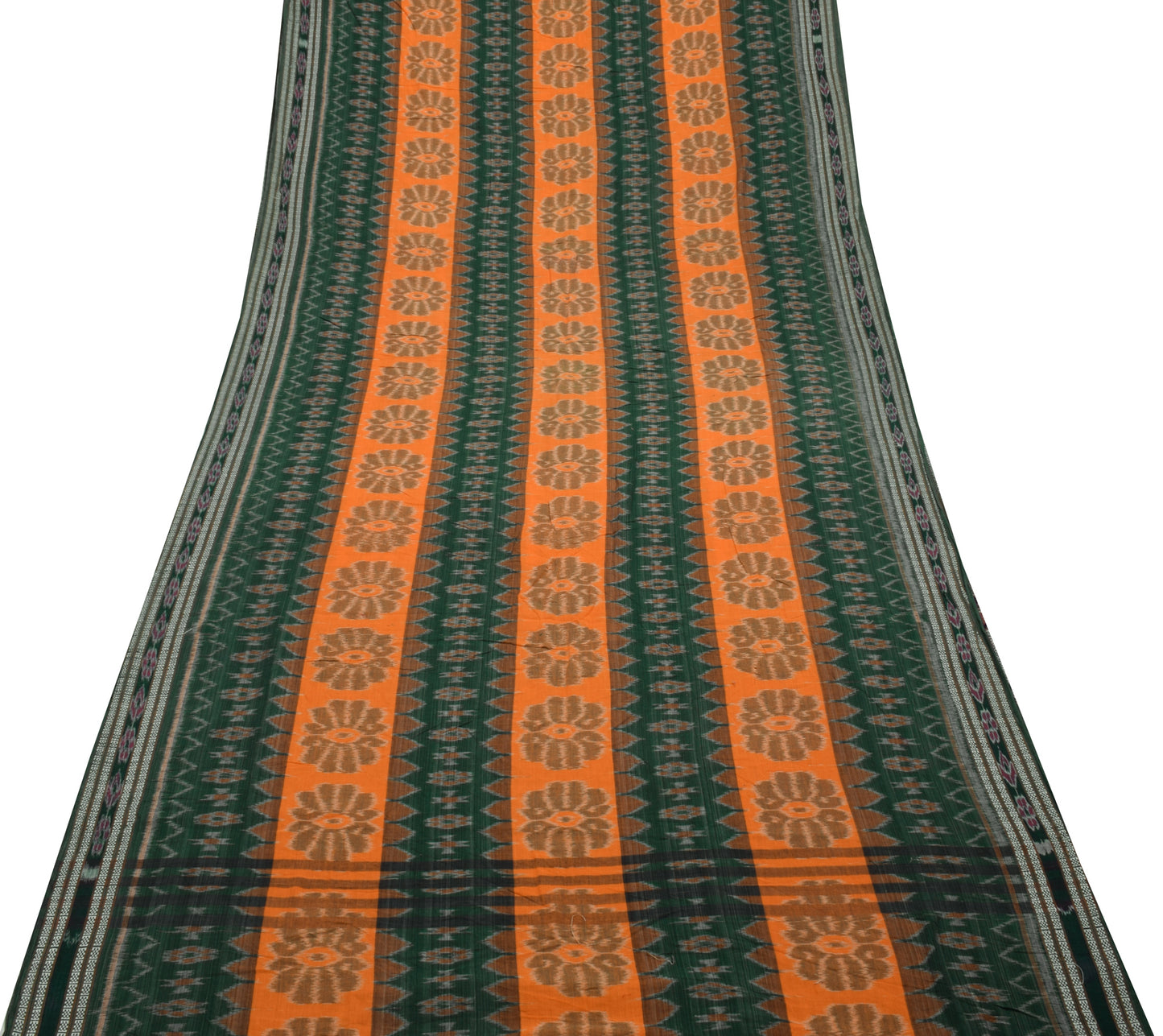 Sushila Vintage Green Saree Pure Cotton Hand Woven Ikat Patola Sari Craft Fabric