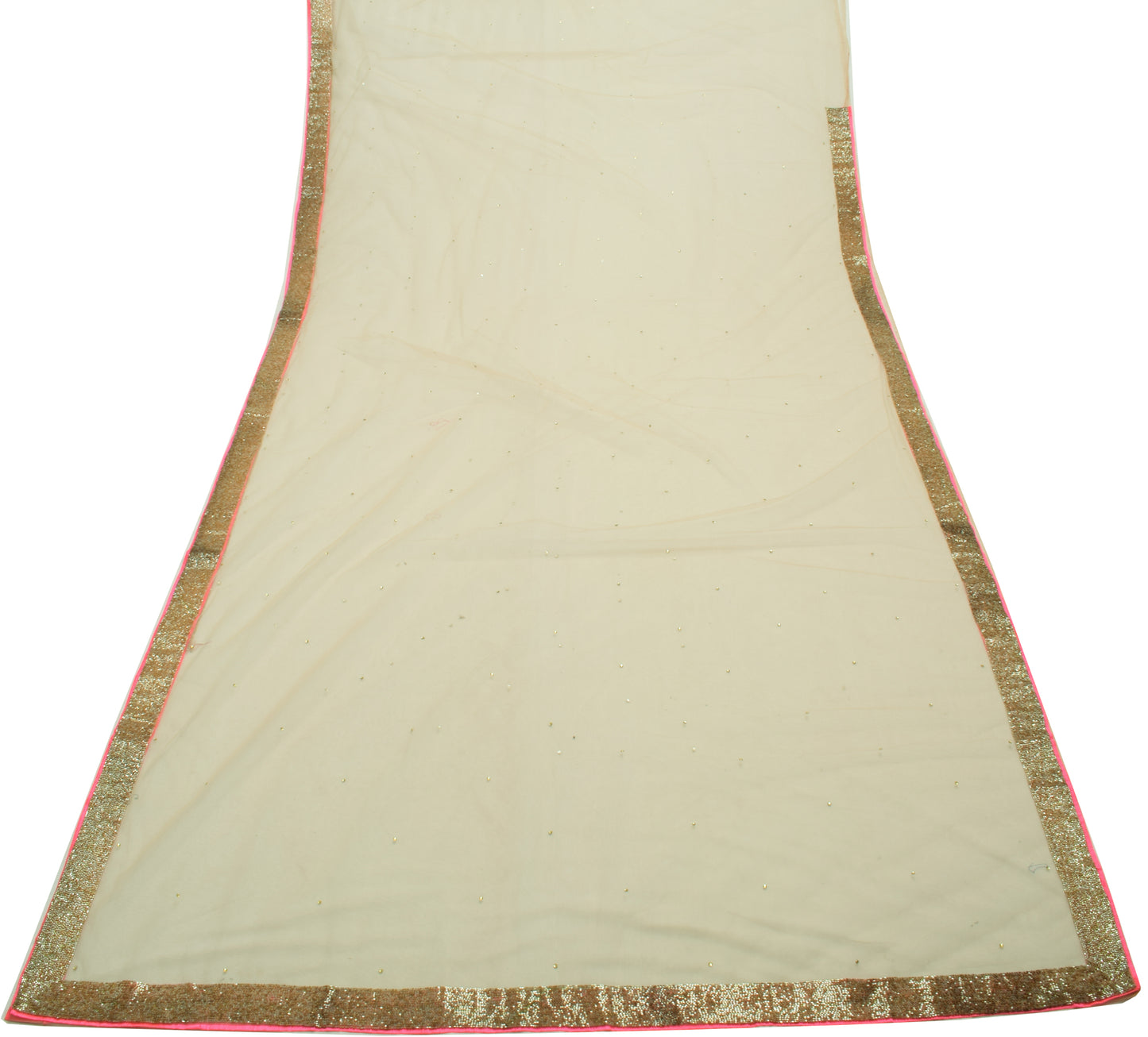 Sushila Vintage Cream Net Mesh Saree with Glass Beads Border Sari Craft Fabric