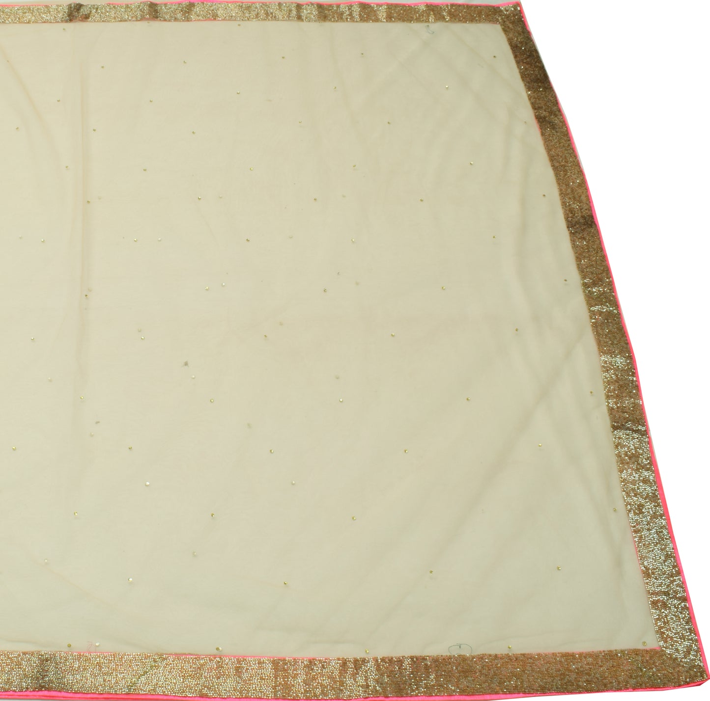 Sushila Vintage Cream Net Mesh Saree with Glass Beads Border Sari Craft Fabric