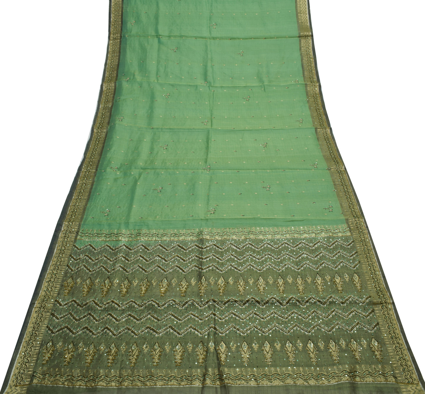 Sushila Vintage Green Saree 100% Pure Silk Hand Beaded Floral Sari Craft Fabric