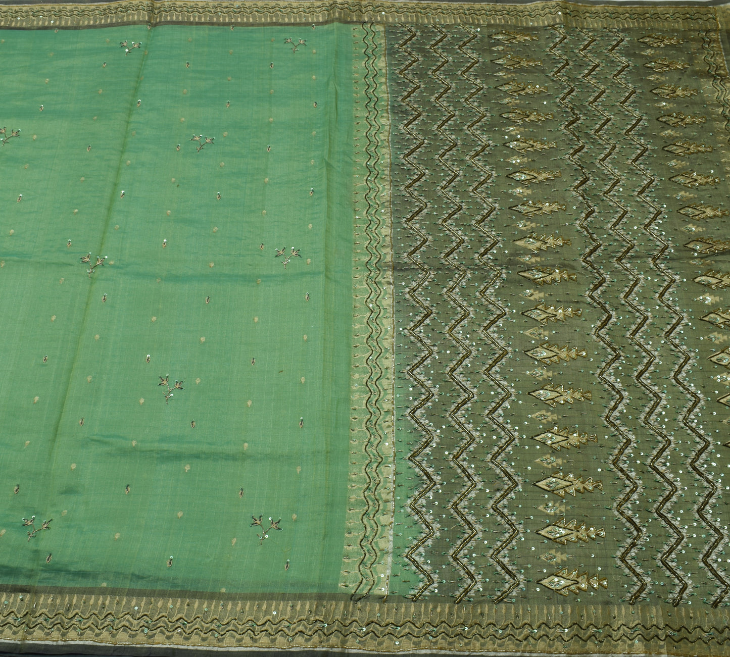 Sushila Vintage Green Saree 100% Pure Silk Hand Beaded Floral Sari Craft Fabric