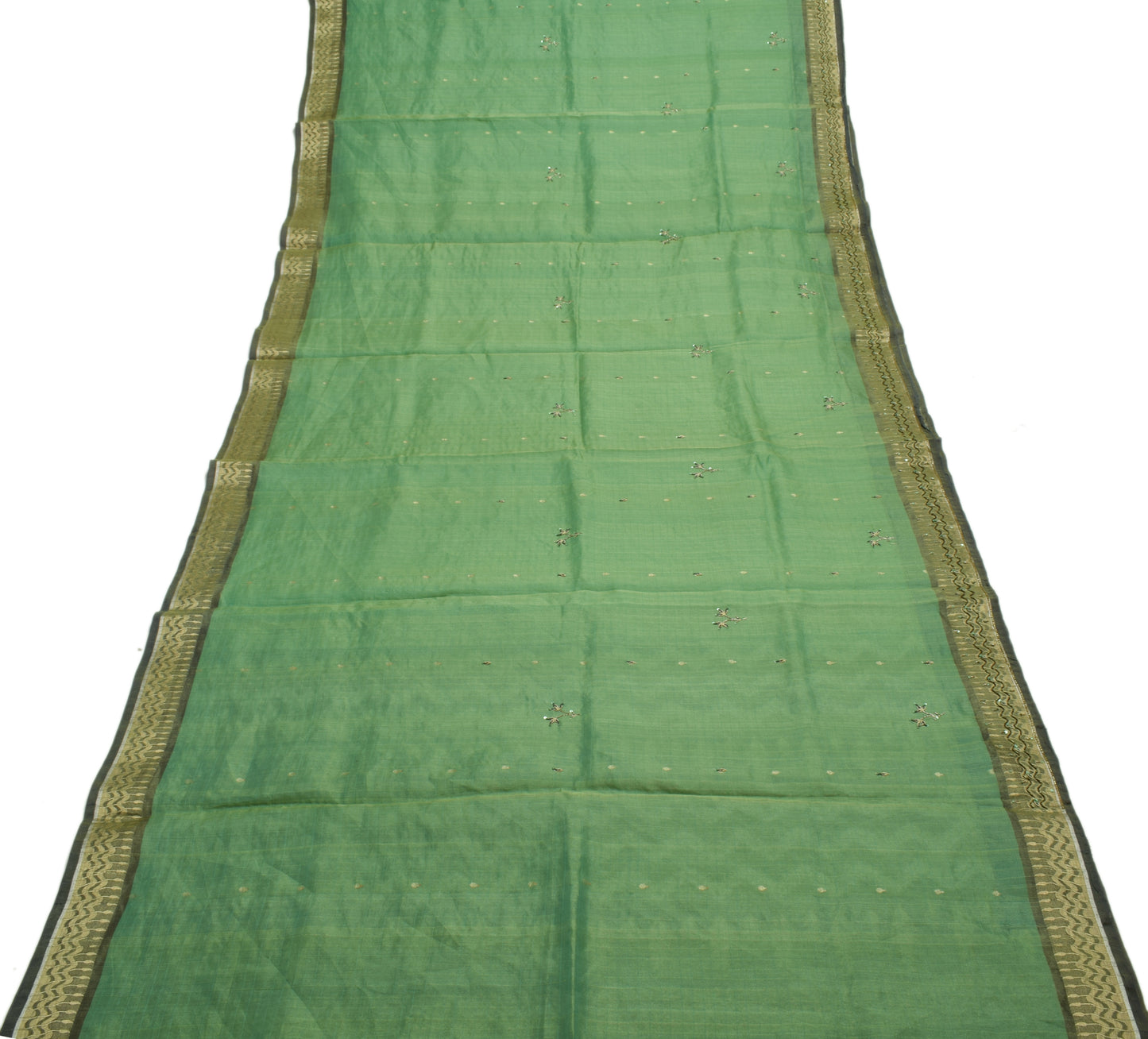 Sushila Vintage Green Saree 100% Pure Silk Hand Beaded Floral Sari Craft Fabric