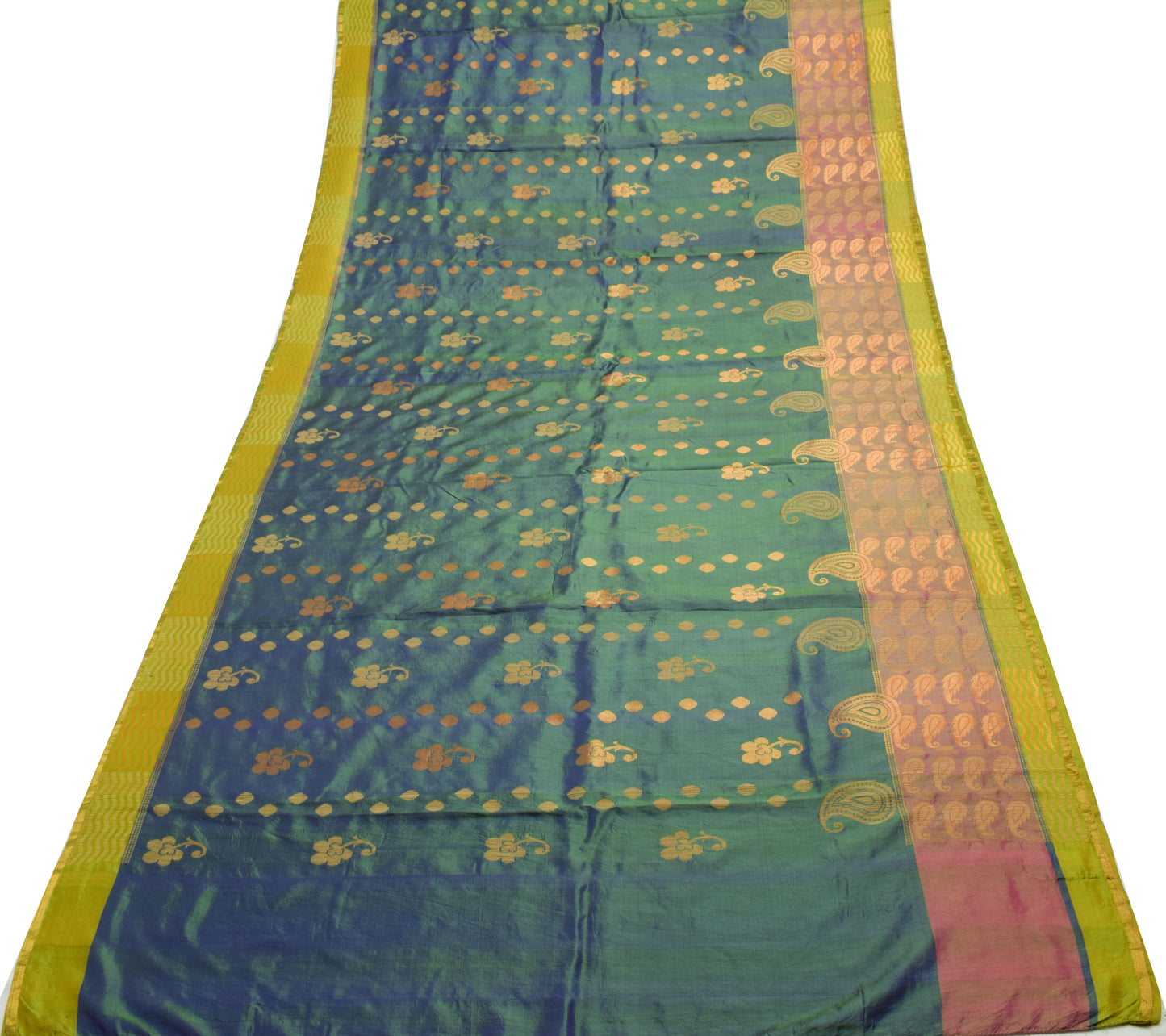 Sushila Vintage Dual Tone Saree 100% Pure Silk Woven Floral  Sari Craft Fabric