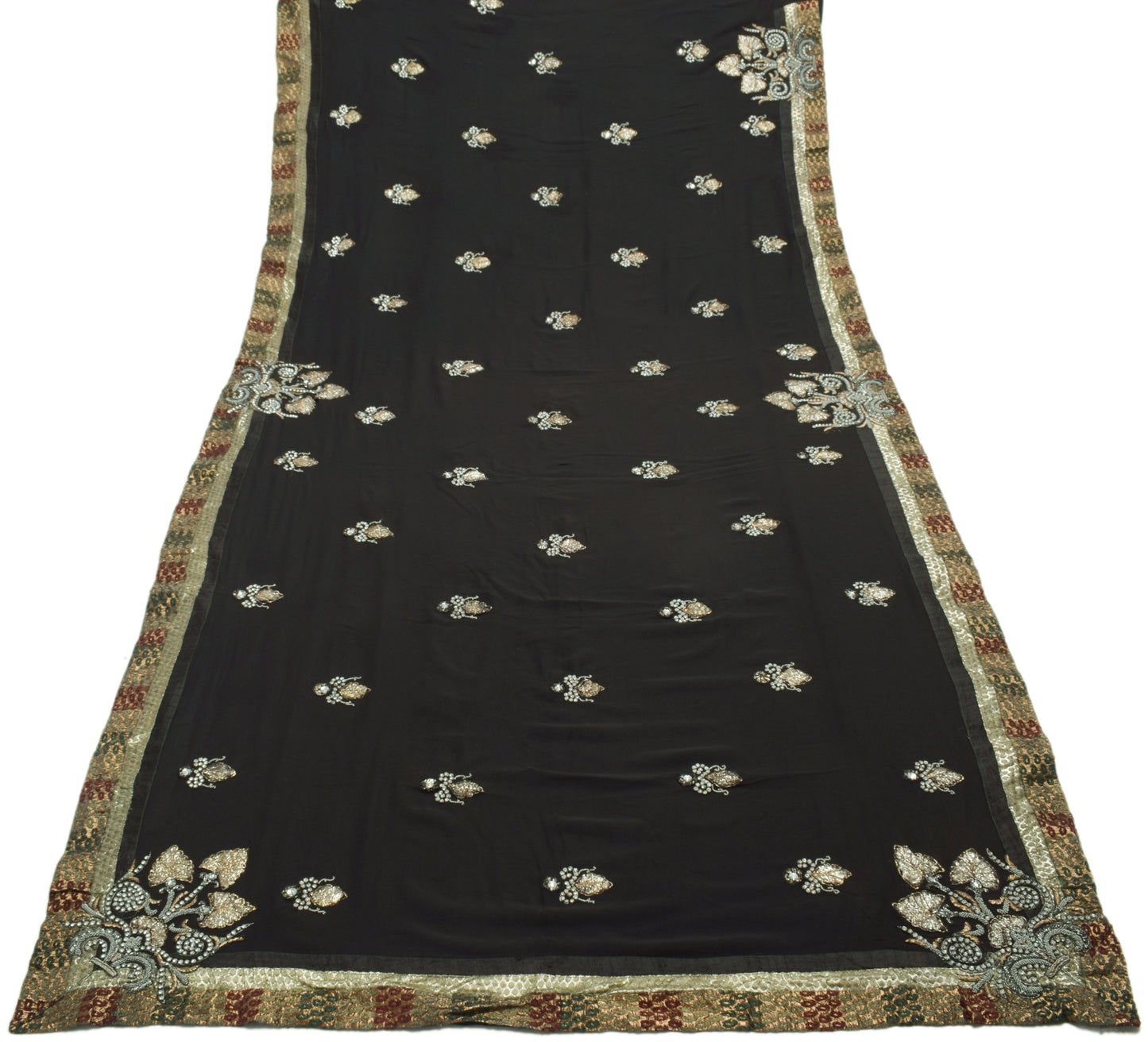 Sushila Vintage Black Saree 100% Pure Georgette Hand Beaded Floral Sari Fabric