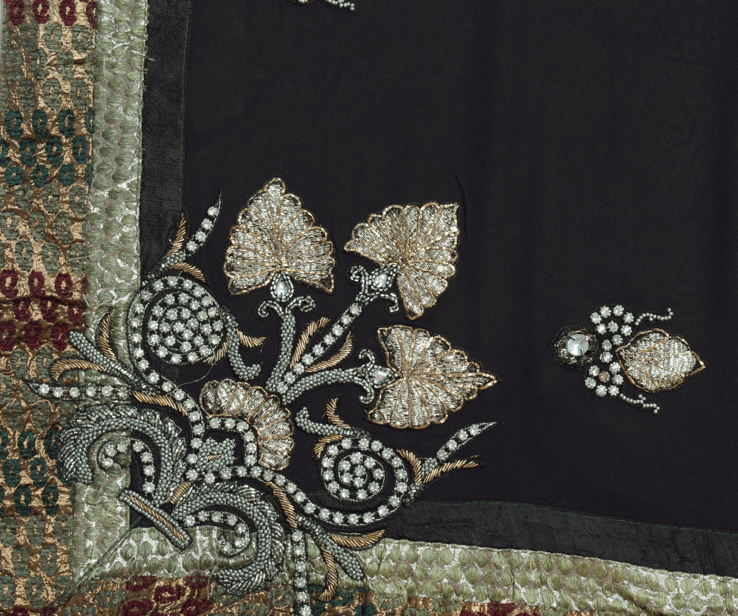 Sushila Vintage Black Saree 100% Pure Georgette Hand Beaded Floral Sari Fabric