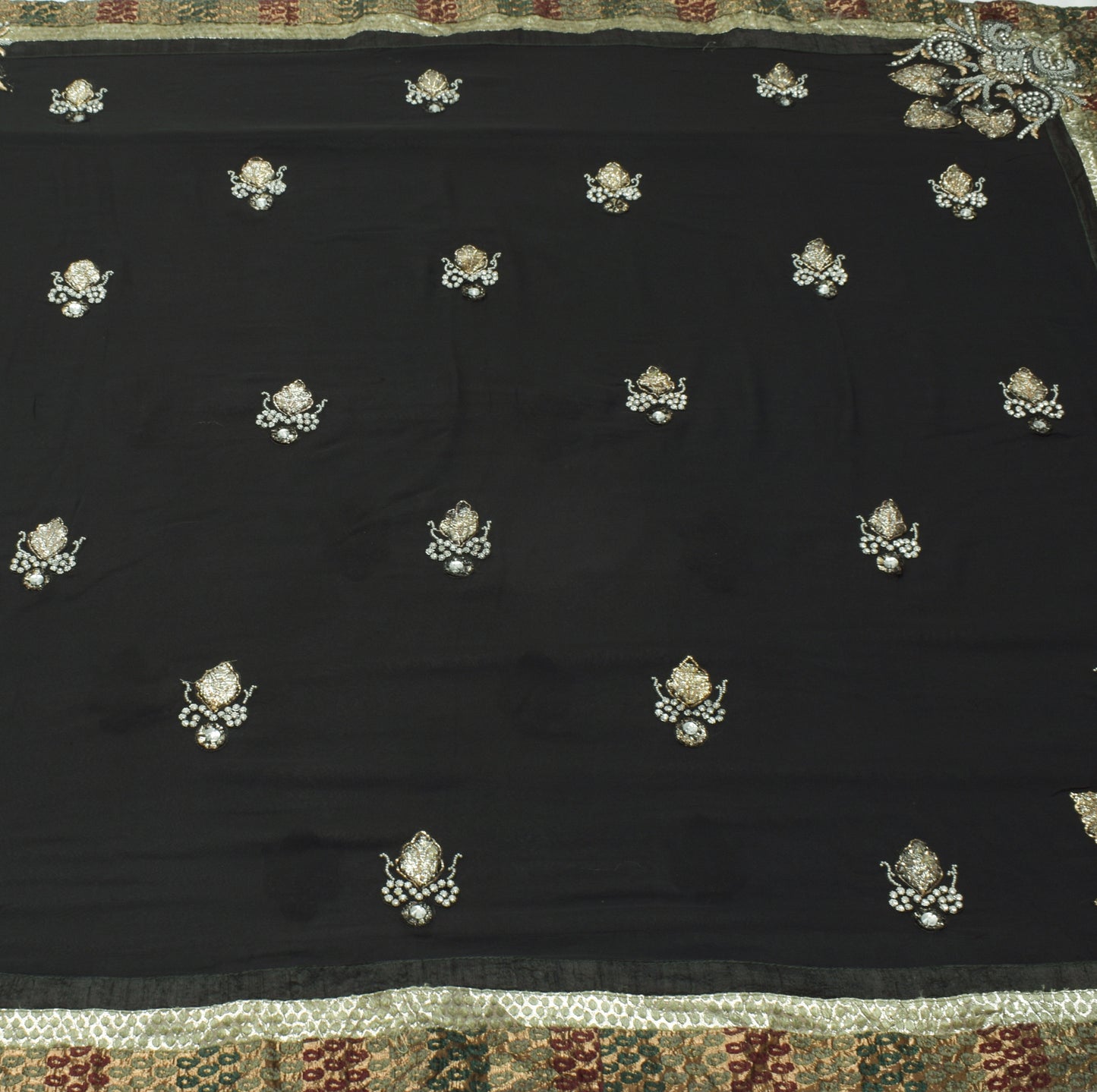 Sushila Vintage Black Saree 100% Pure Georgette Hand Beaded Floral Sari Fabric