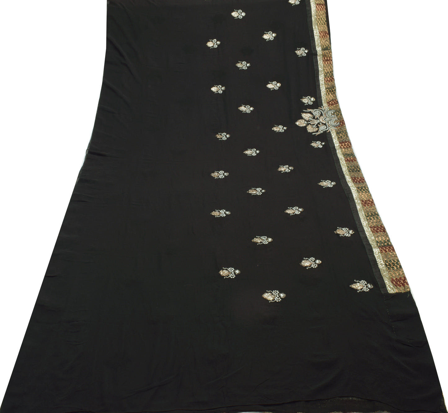 Sushila Vintage Black Saree 100% Pure Georgette Hand Beaded Floral Sari Fabric