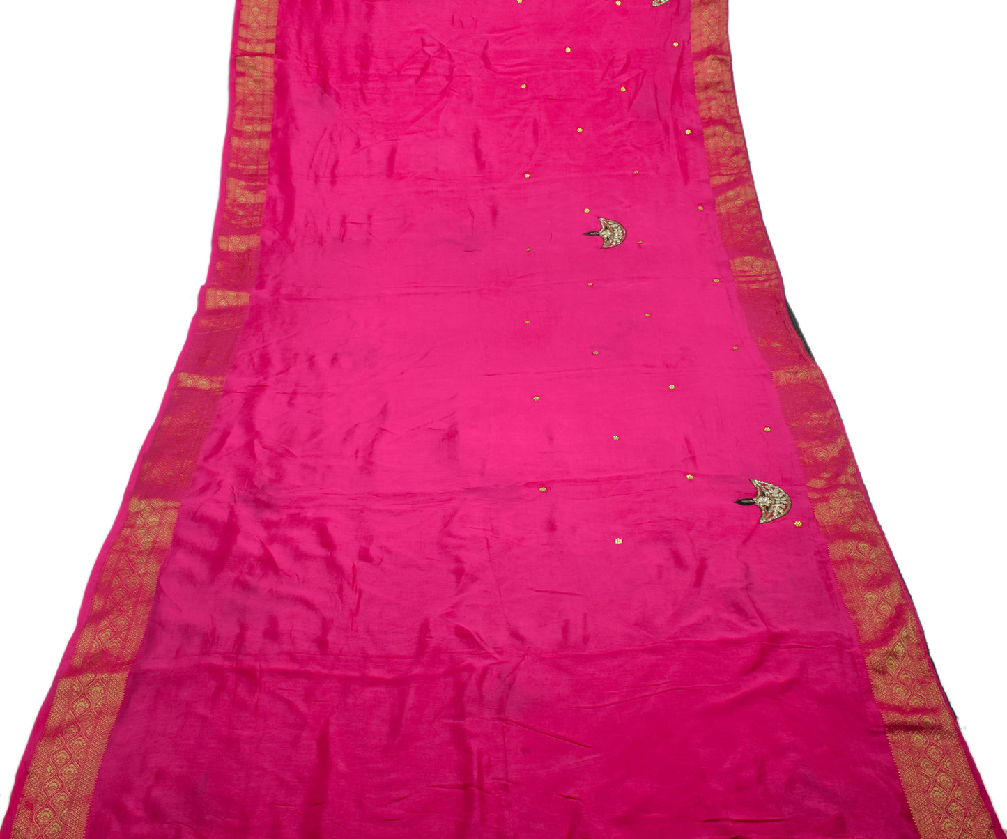 Sushila Vintage Magenta Saree 100% Pure Cotton Hand Beaded Sari Craft Fabric