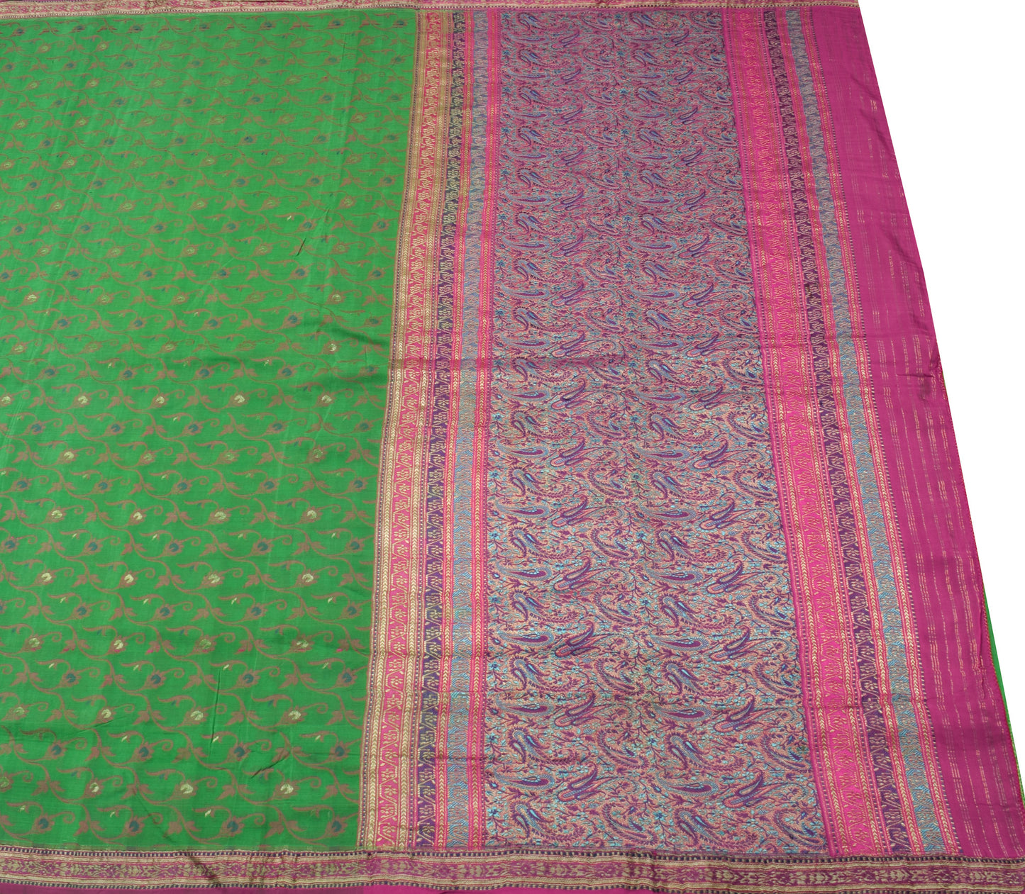 Sushila Vintage Green Indian Saree 100% Pure Silk Woven Floral Sari Craft Fabric