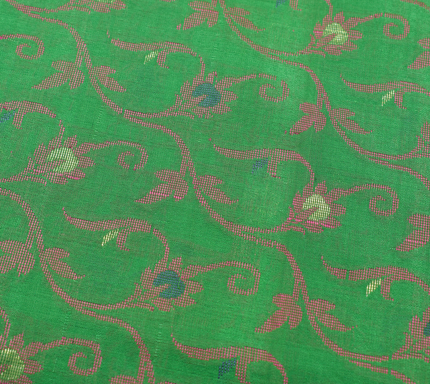 Sushila Vintage Green Indian Saree 100% Pure Silk Woven Floral Sari Craft Fabric